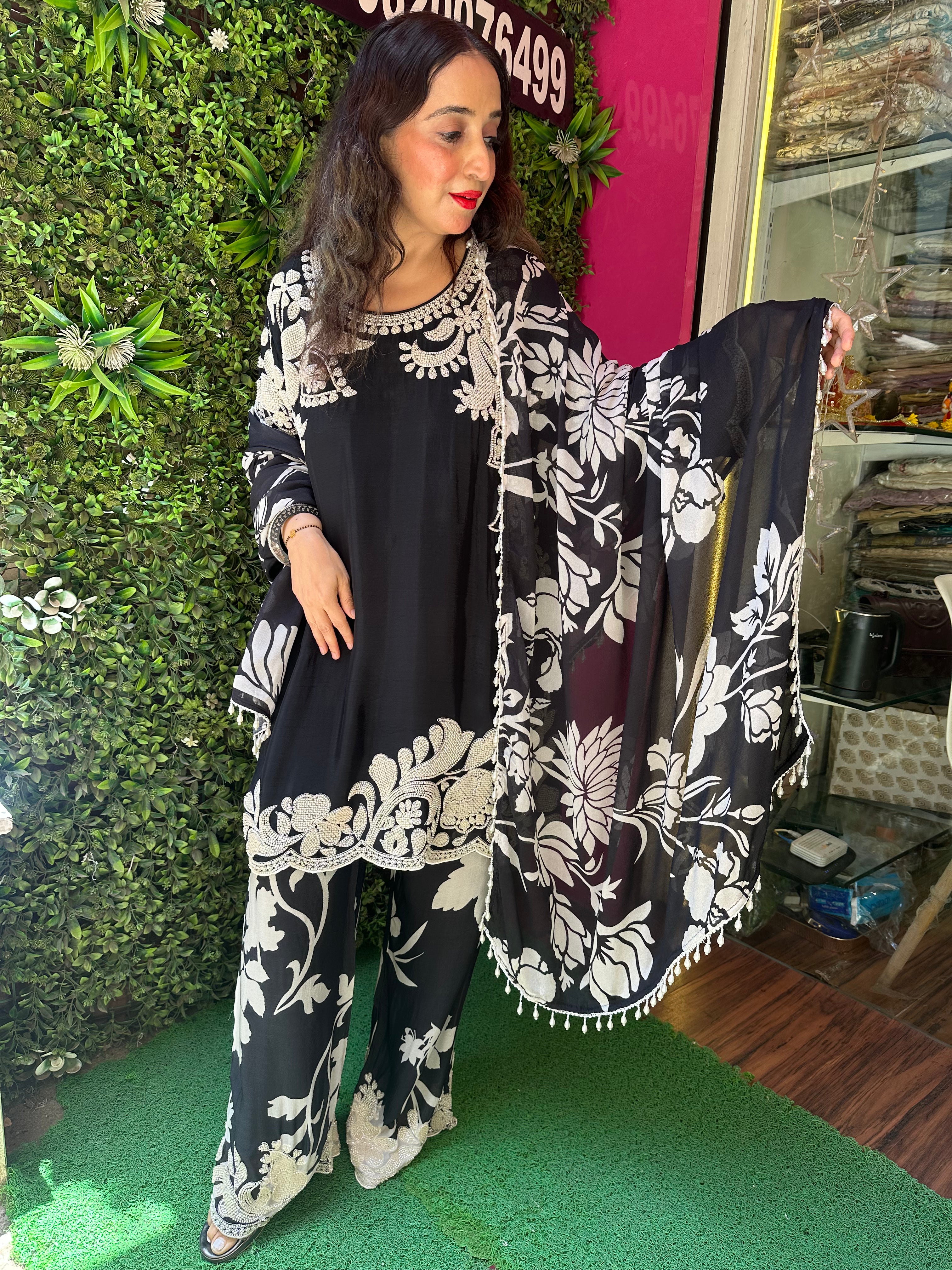STITCHED PURE CHINON BEAD WORK SUITS WITH DIGITAL DUPATTAS.