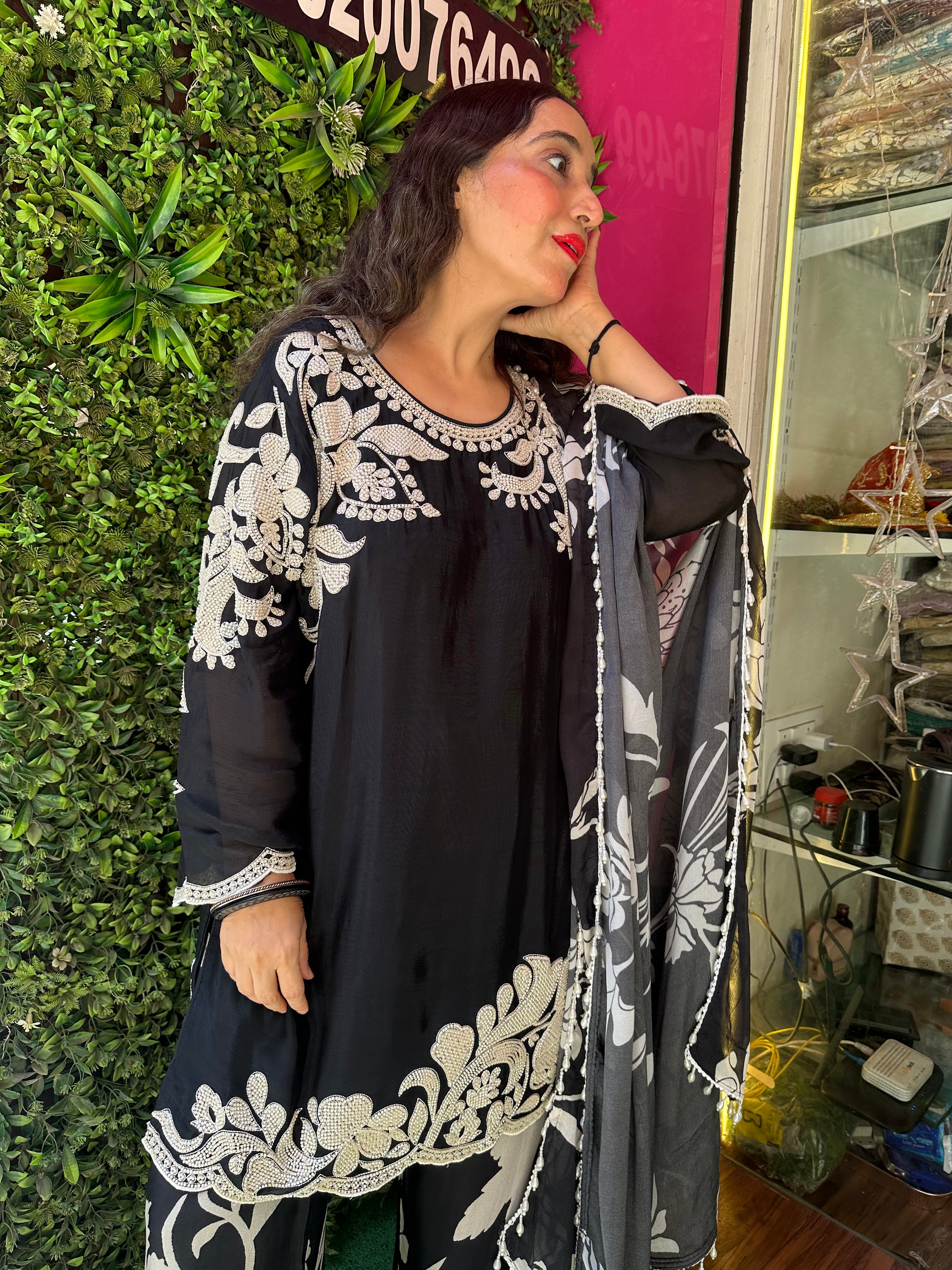 STITCHED PURE CHINON BEAD WORK SUITS WITH DIGITAL DUPATTAS.