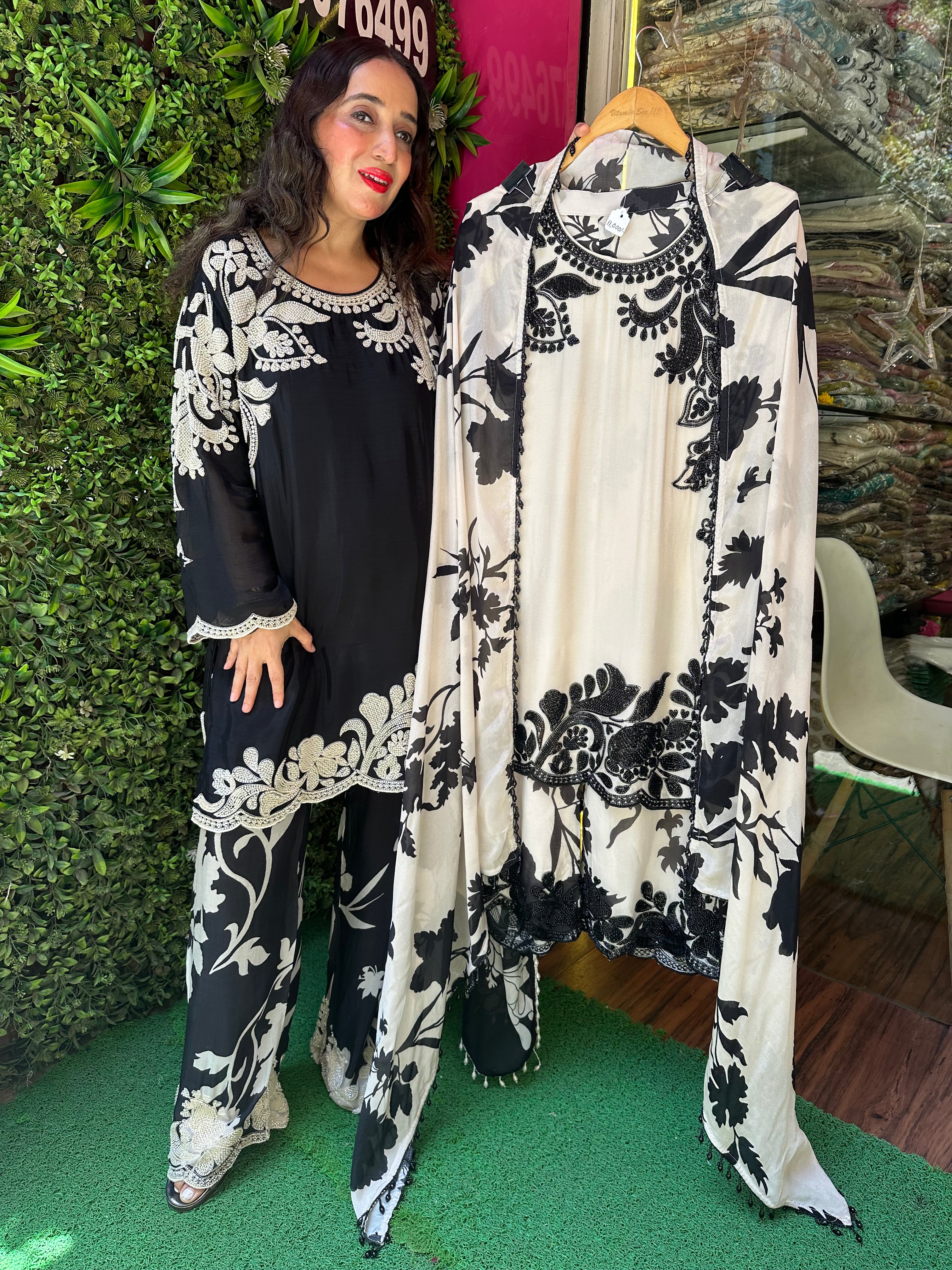 STITCHED PURE CHINON BEAD WORK SUITS WITH DIGITAL DUPATTAS.