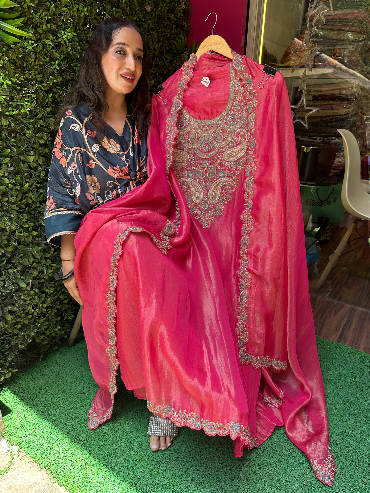 UNSTITCHED PURE SHIMMER SILK ANTIQUE WORK SUITS.