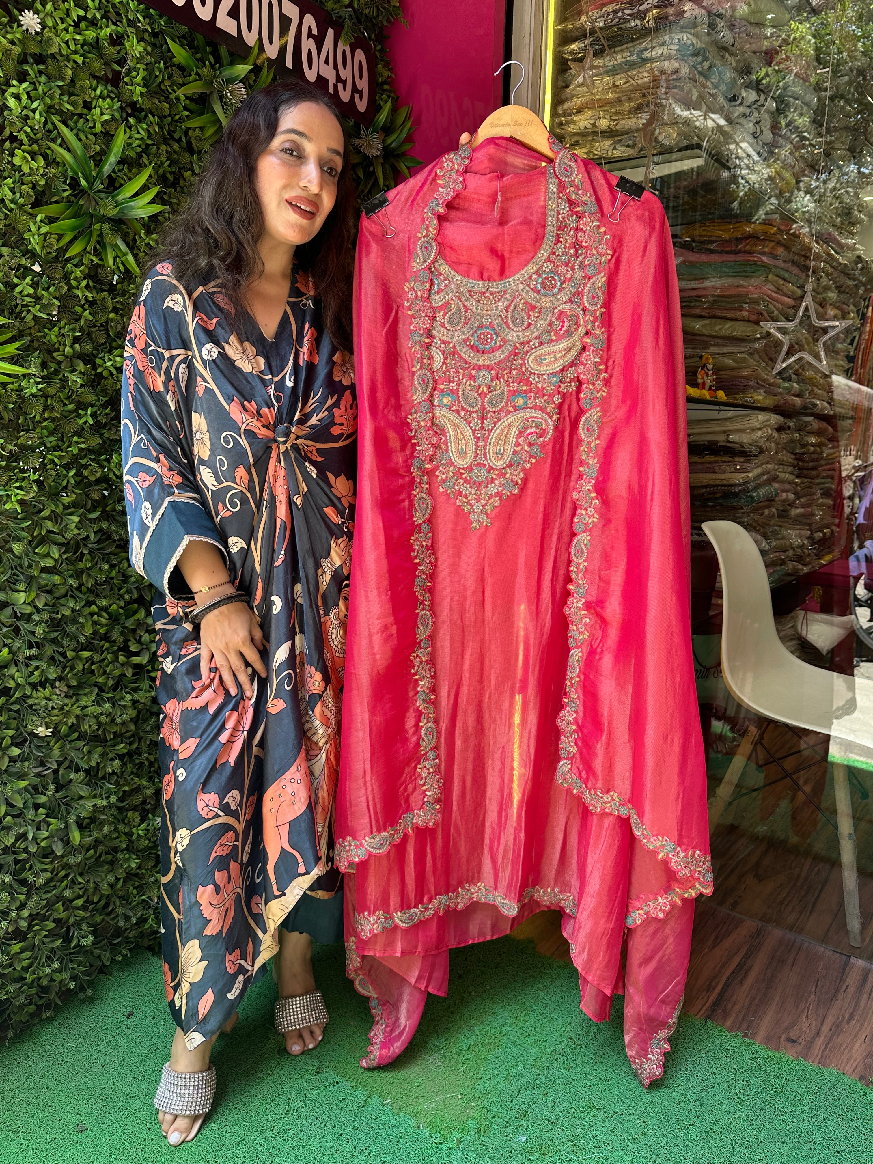 UNSTITCHED PURE SHIMMER SILK ANTIQUE WORK SUITS.