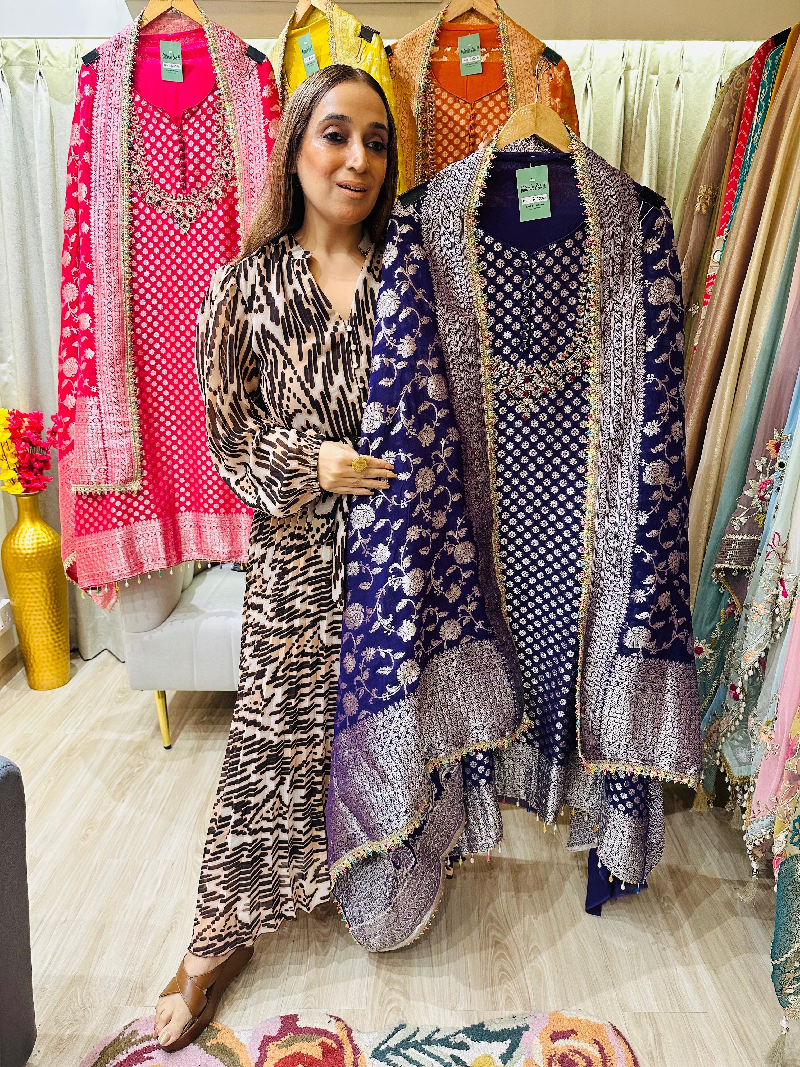 UNSTITCHED PURE GEORGETTE BANARSI WEAVING SUITS WITH HANDWORK ON NECK WITH BANARSI DUPATTAS