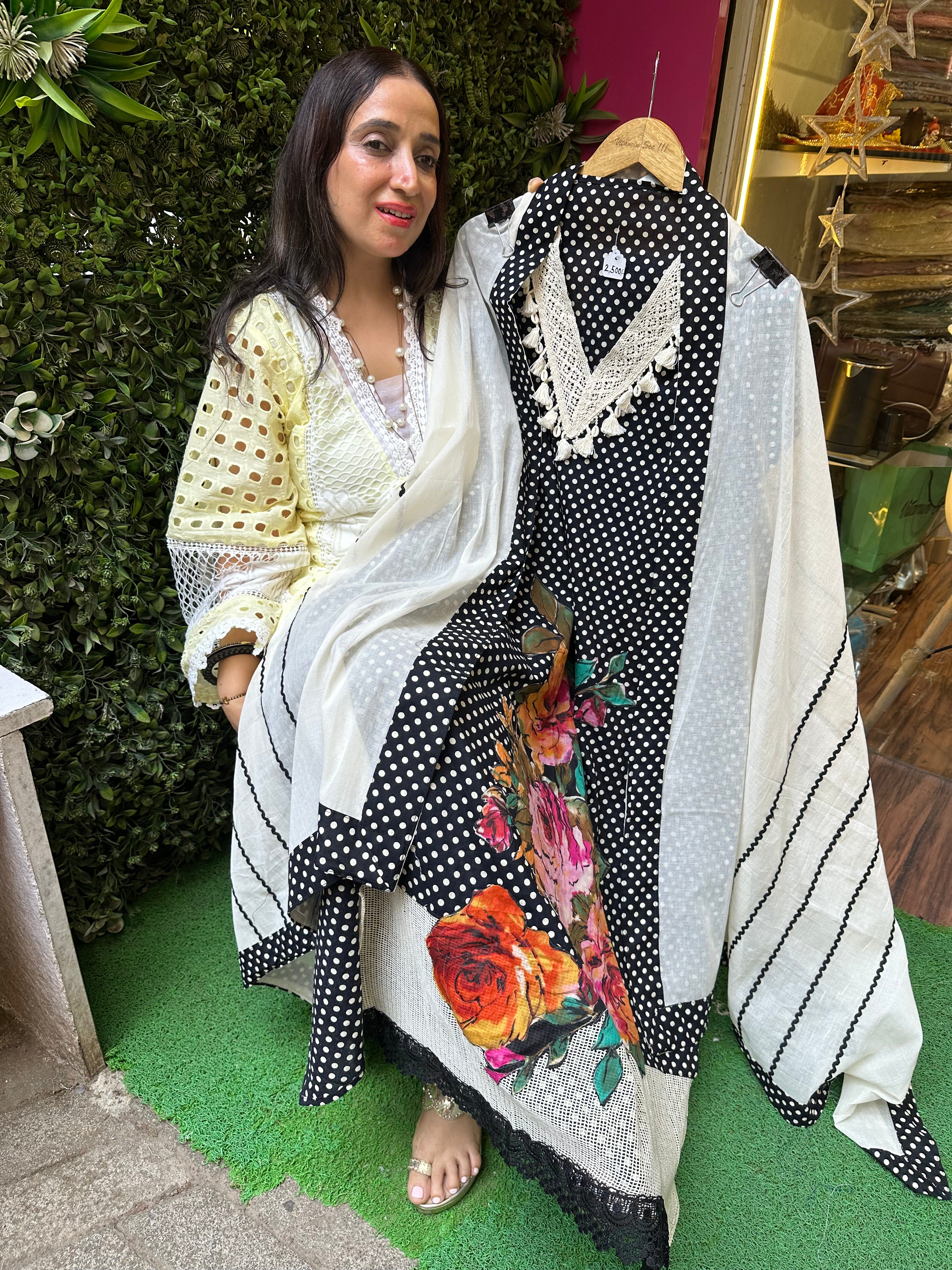 UNSTITCHED PURE SOFT COTTON POLKA DOTS PATCHWORK SUITS.