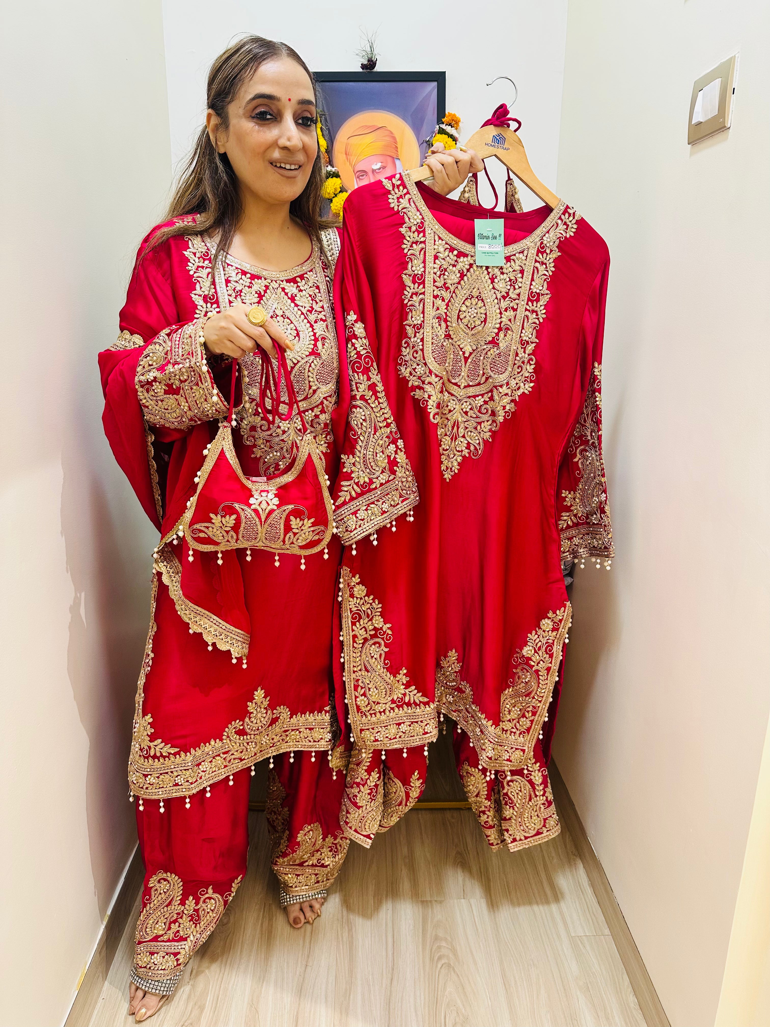 STITCHED PURE RUSSIAN SATIN ANTIQUE DABKA AND PEARLS WORK SUITS WITH POTLIS