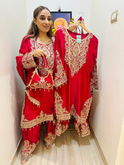 STITCHED PURE RUSSIAN SATIN ANTIQUE DABKA AND PEARLS WORK SUITS WITH POTLIS