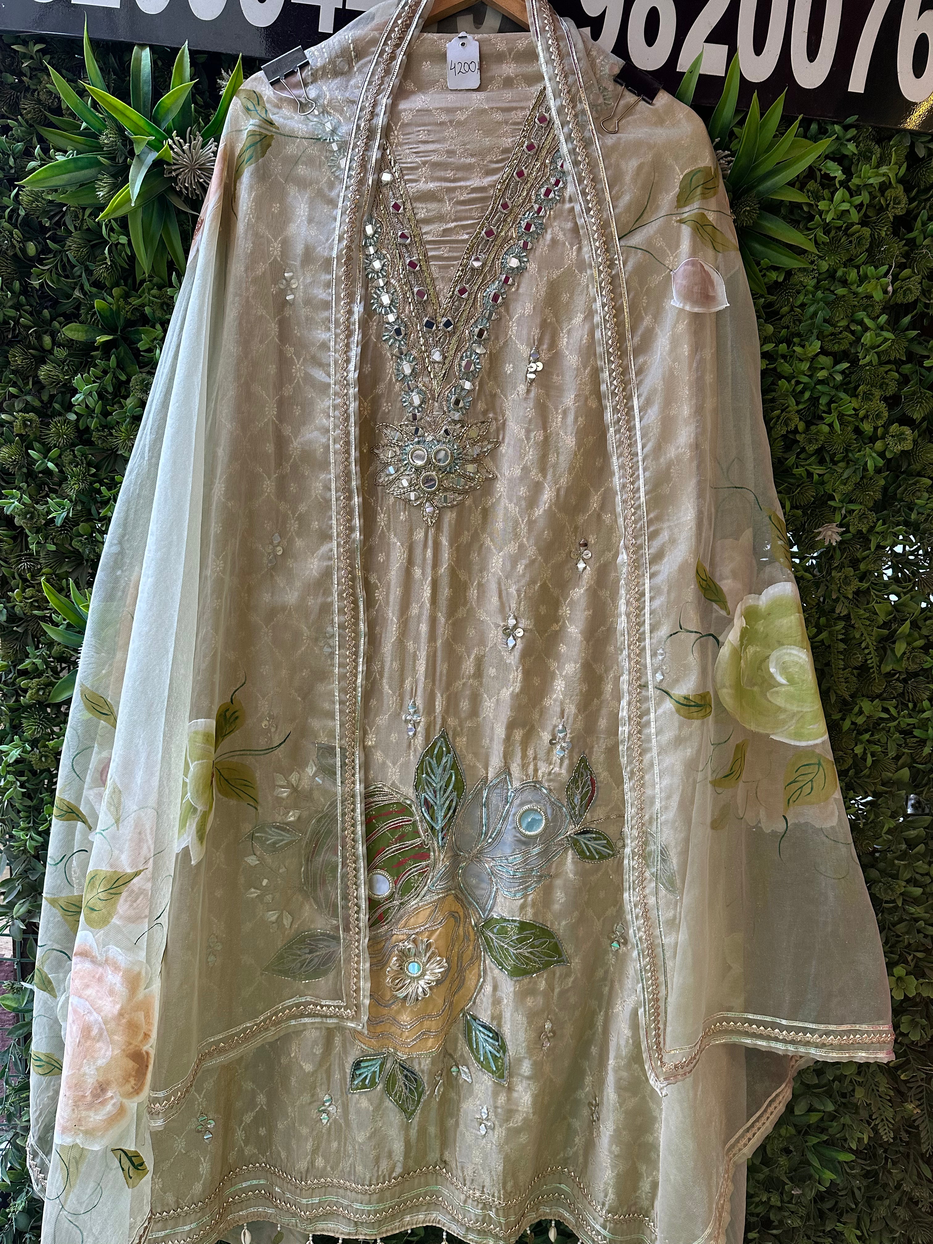 UNSTITCHED PURE SILK BROCADE HANDPAINTED SUITS.