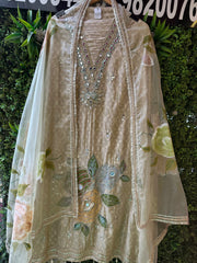 UNSTITCHED PURE SILK BROCADE HANDPAINTED SUITS.