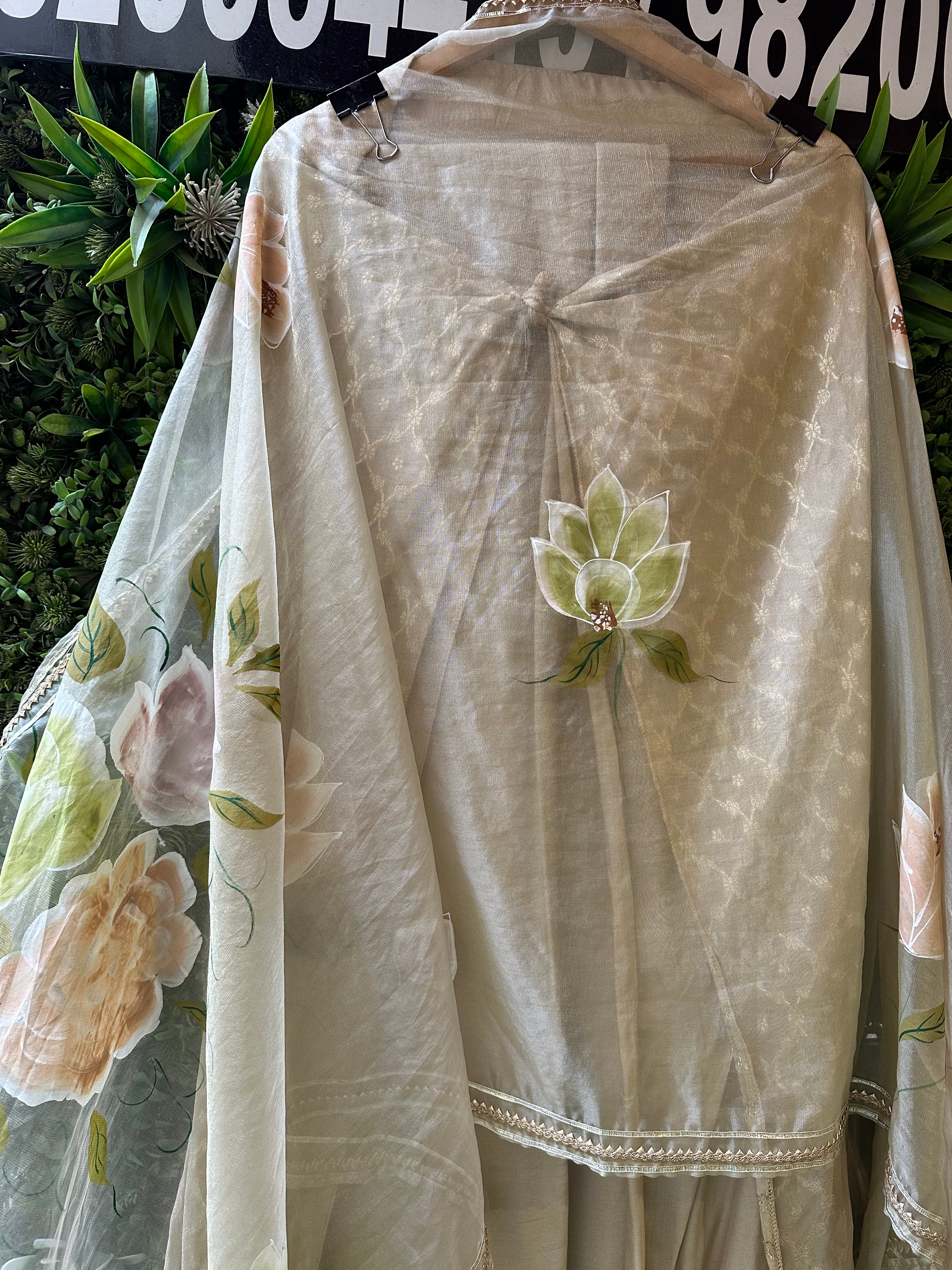 UNSTITCHED PURE SILK BROCADE HANDPAINTED SUITS.