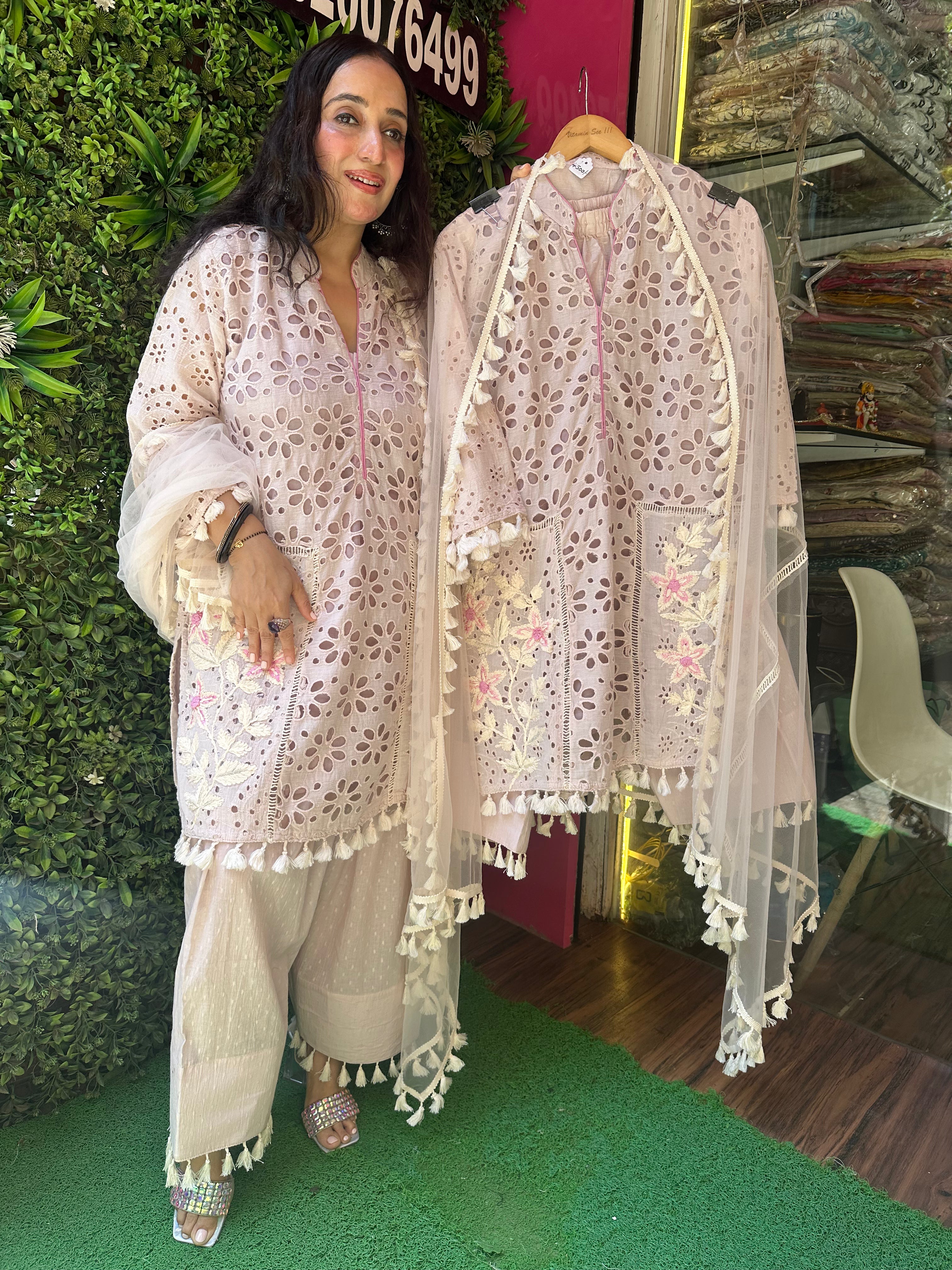 STITCHED HAKOBA COTTON CUTWORK SUITS WITH AFGHANI SALWAR.