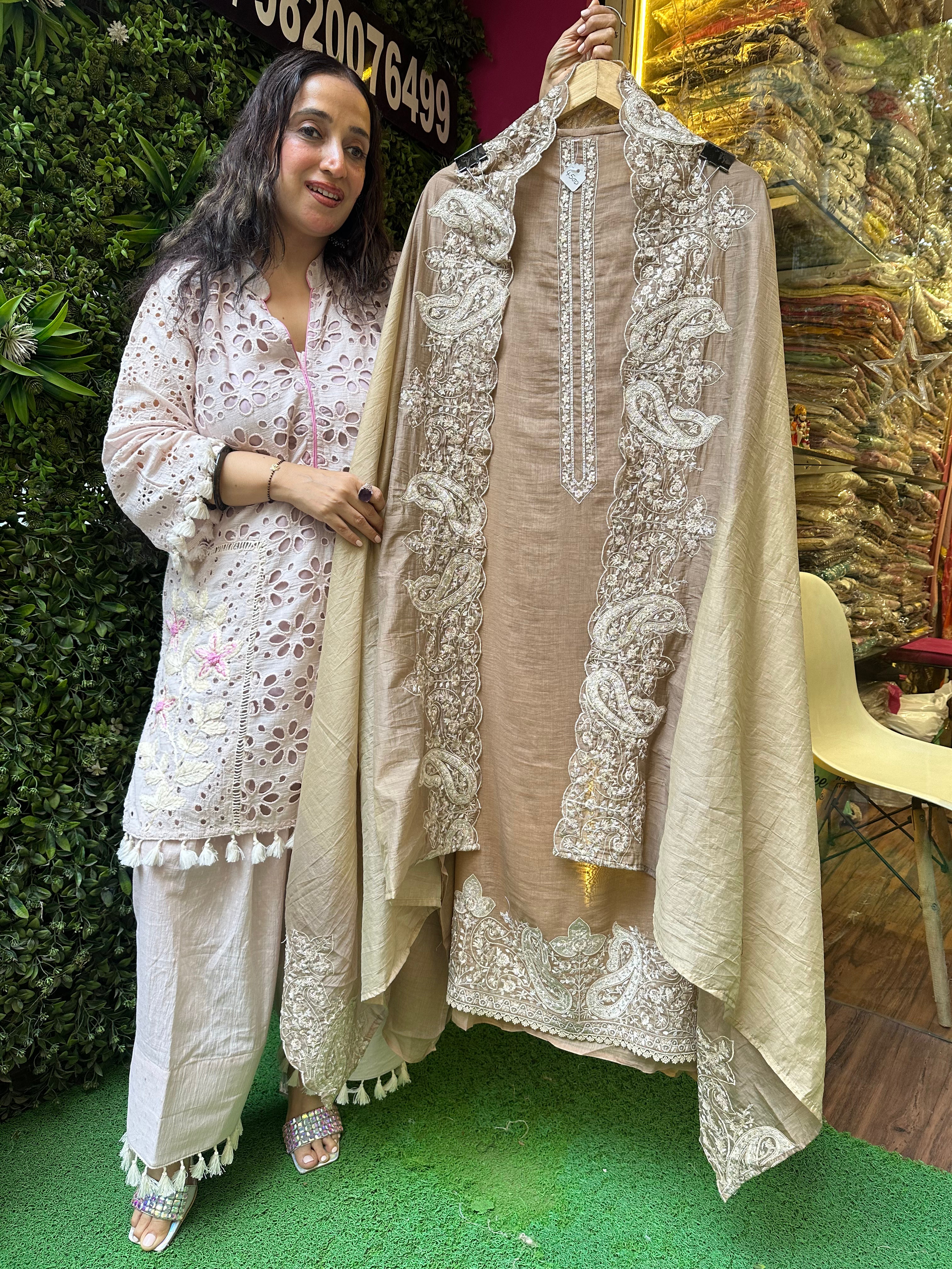 UNSTITCHED PURE MULMUL KASHMIRI INSPIRED HANDWORK SUITS.