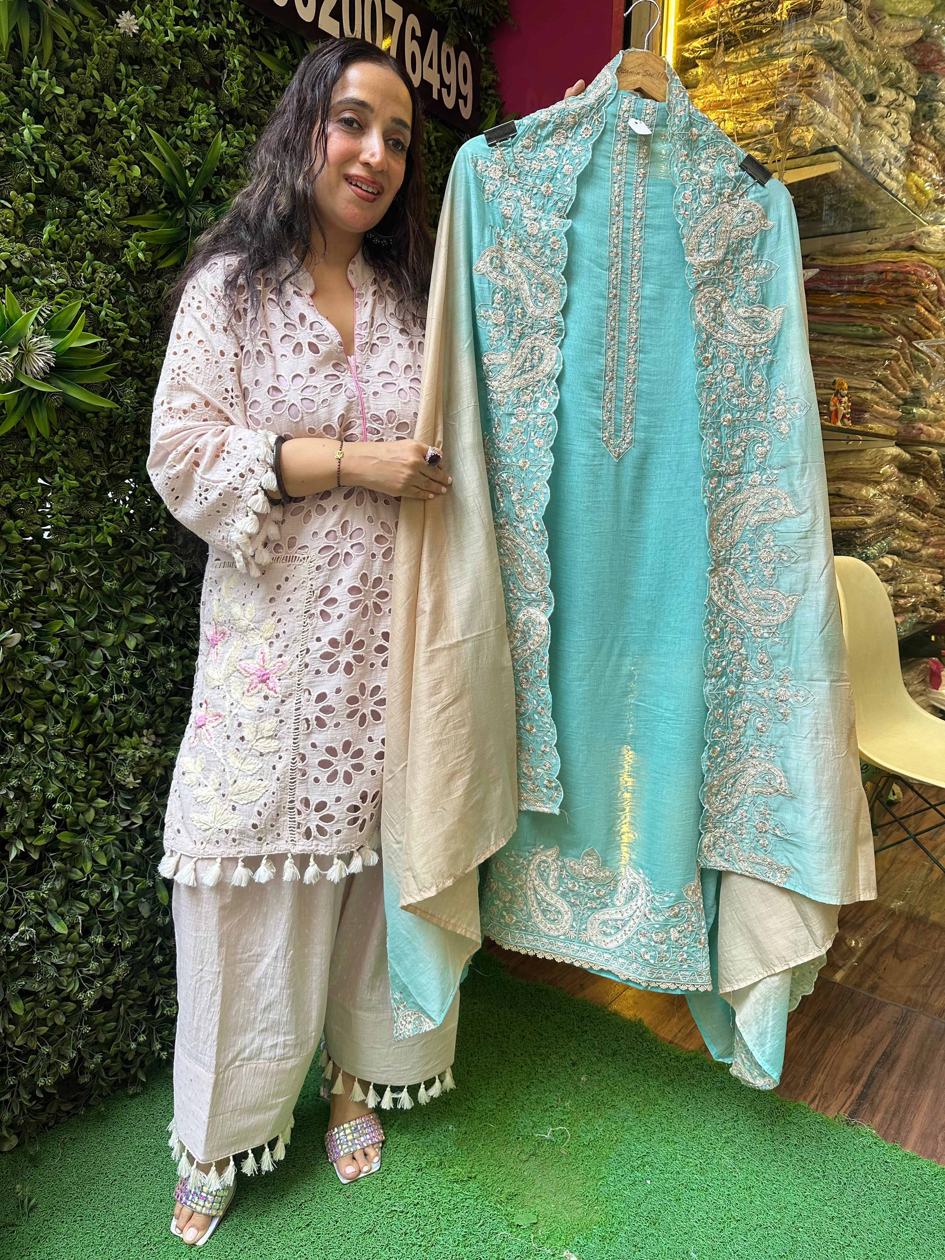 UNSTITCHED PURE MULMUL KASHMIRI INSPIRED HANDWORK SUITS.