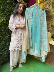UNSTITCHED PURE MULMUL KASHMIRI INSPIRED HANDWORK SUITS.