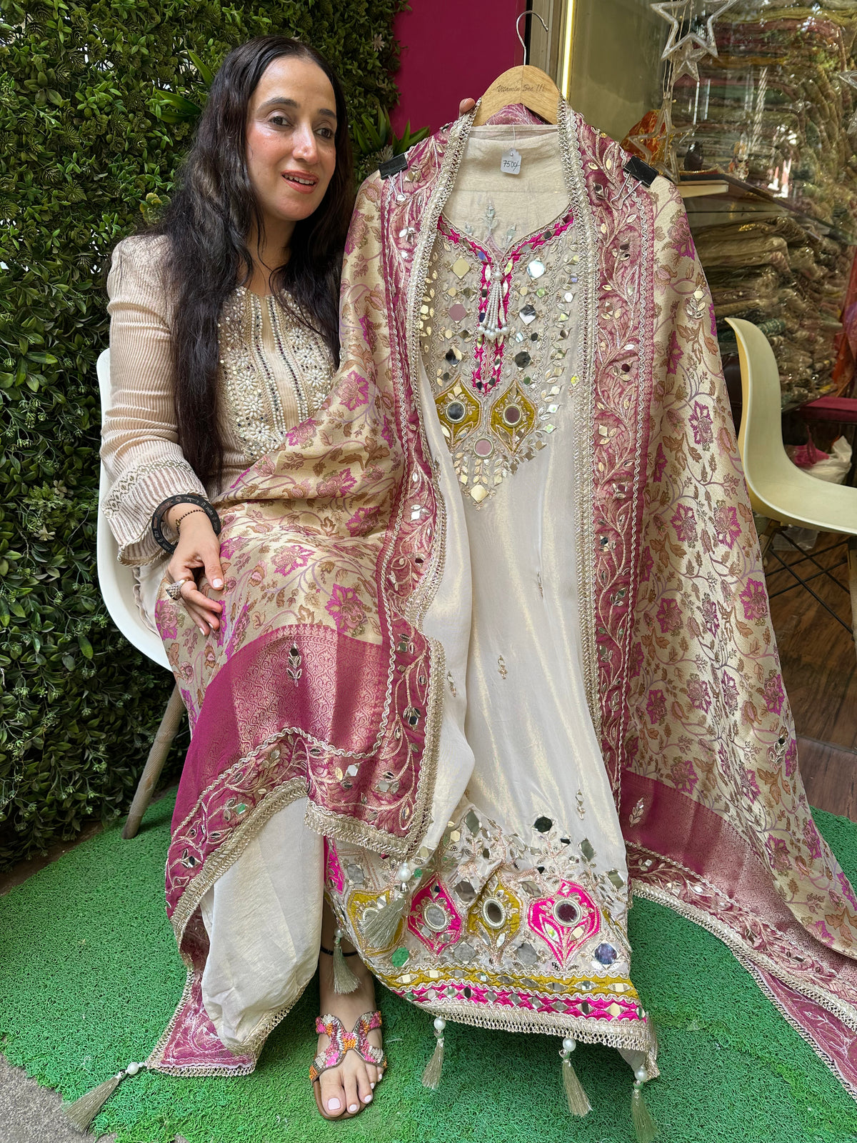 UNSTITCHED PURE TISSUE ORGANZA MIRROR WORK SUITS.
