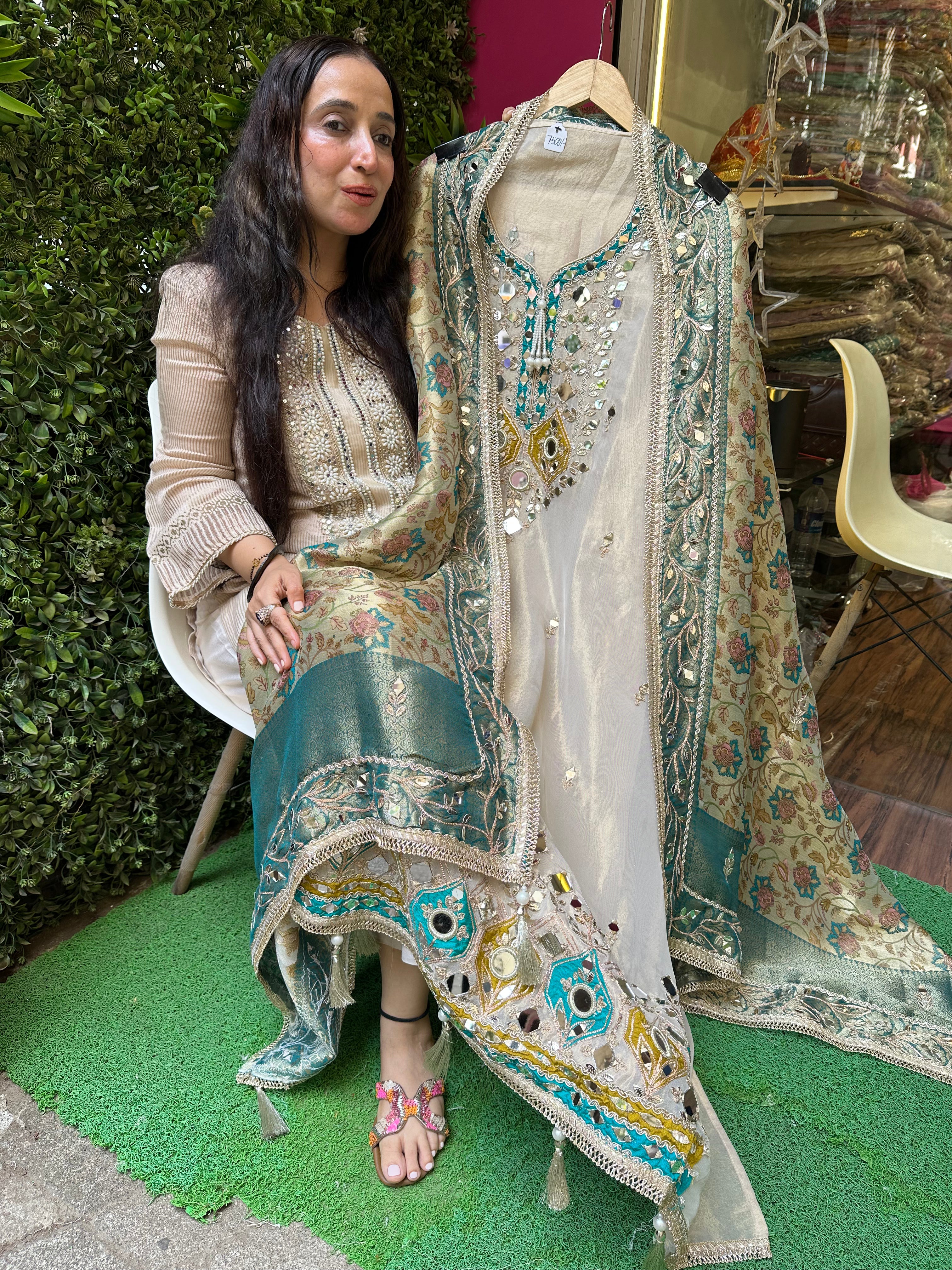 UNSTITCHED PURE TISSUE ORGANZA MIRROR WORK SUITS.