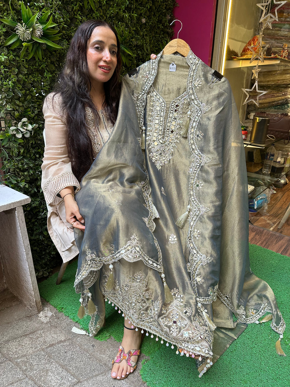 UNSTITCHED PURE CRUSH SILK MIRROR WORK ANTIQUE WORK SUITS.