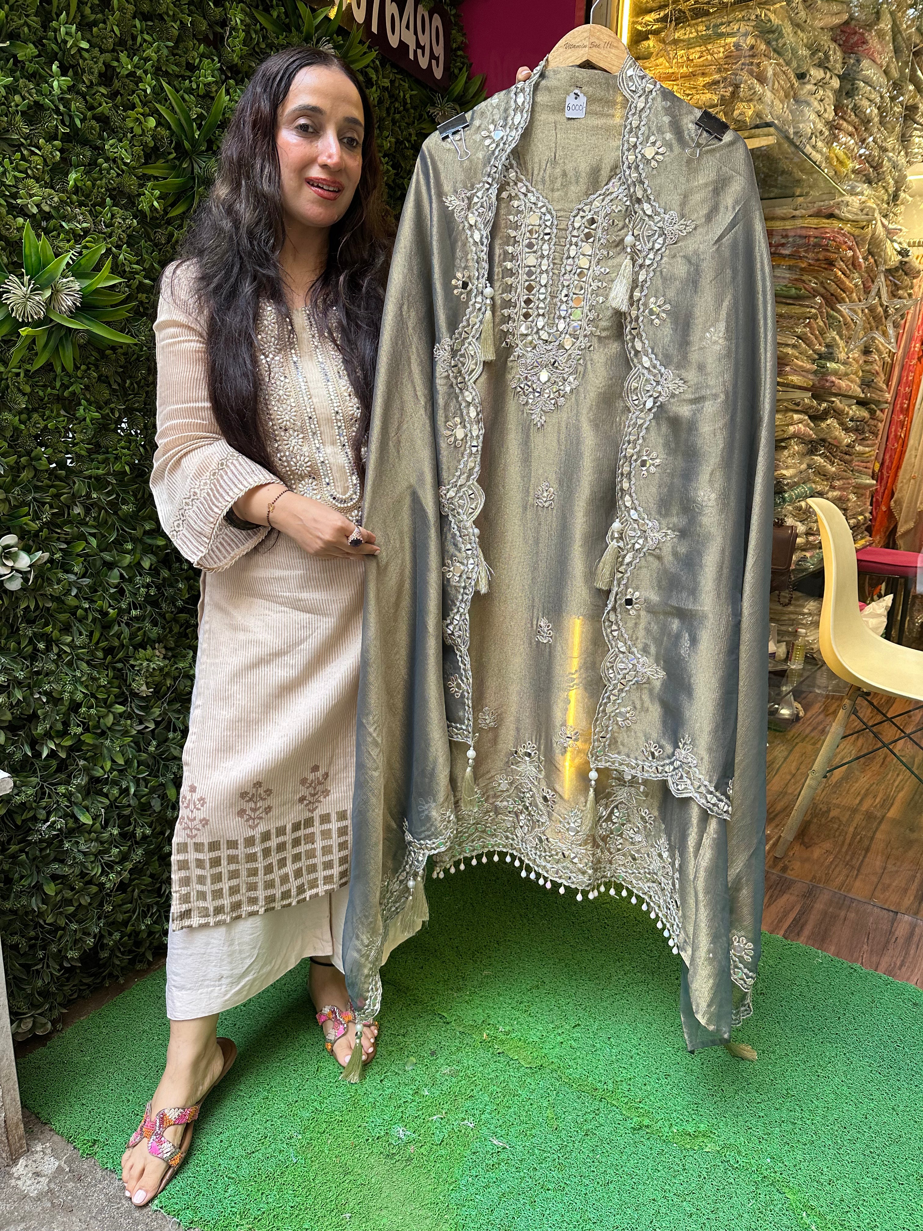 UNSTITCHED PURE CRUSH SILK MIRROR WORK ANTIQUE WORK SUITS.
