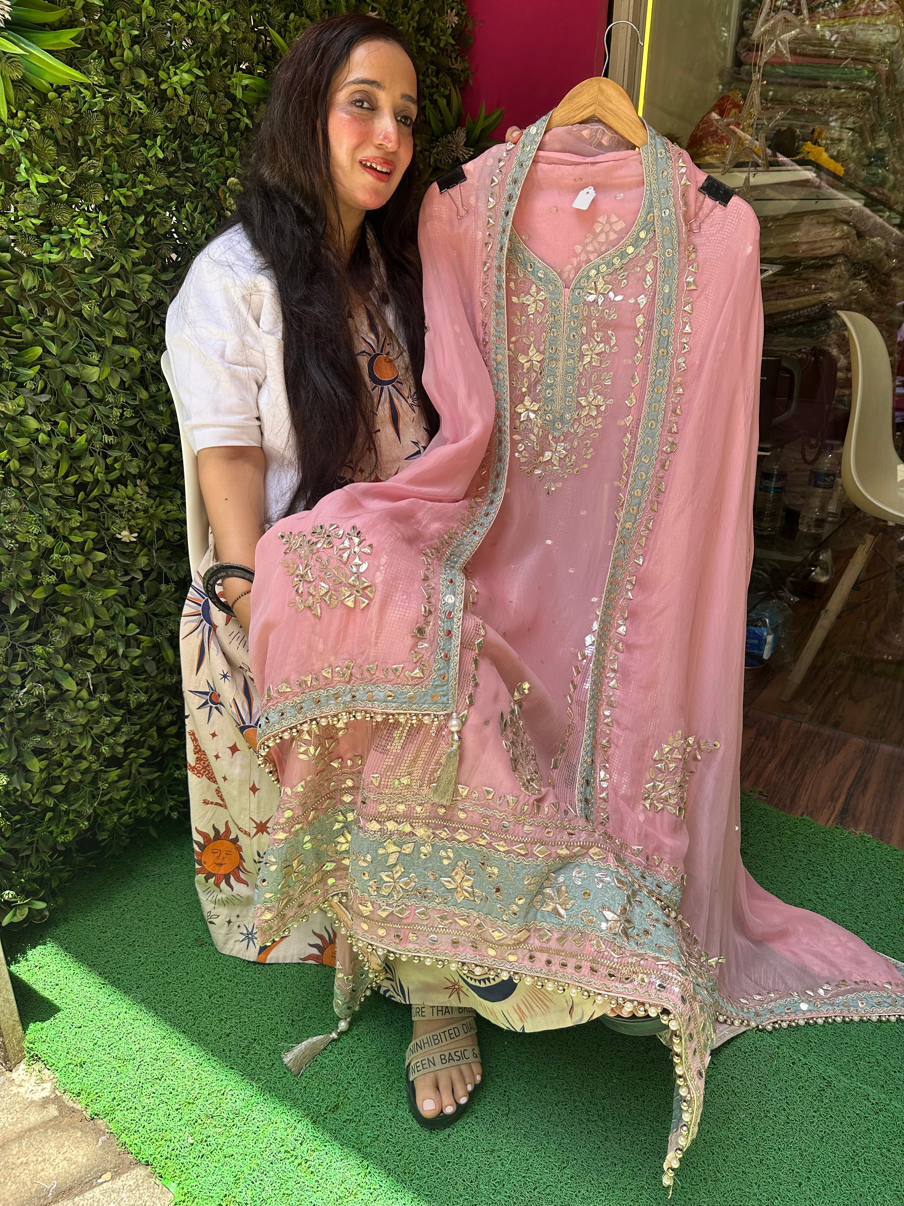 UNSTITCHED PURE TISSUE BANARSI HANDWORK SUITS.