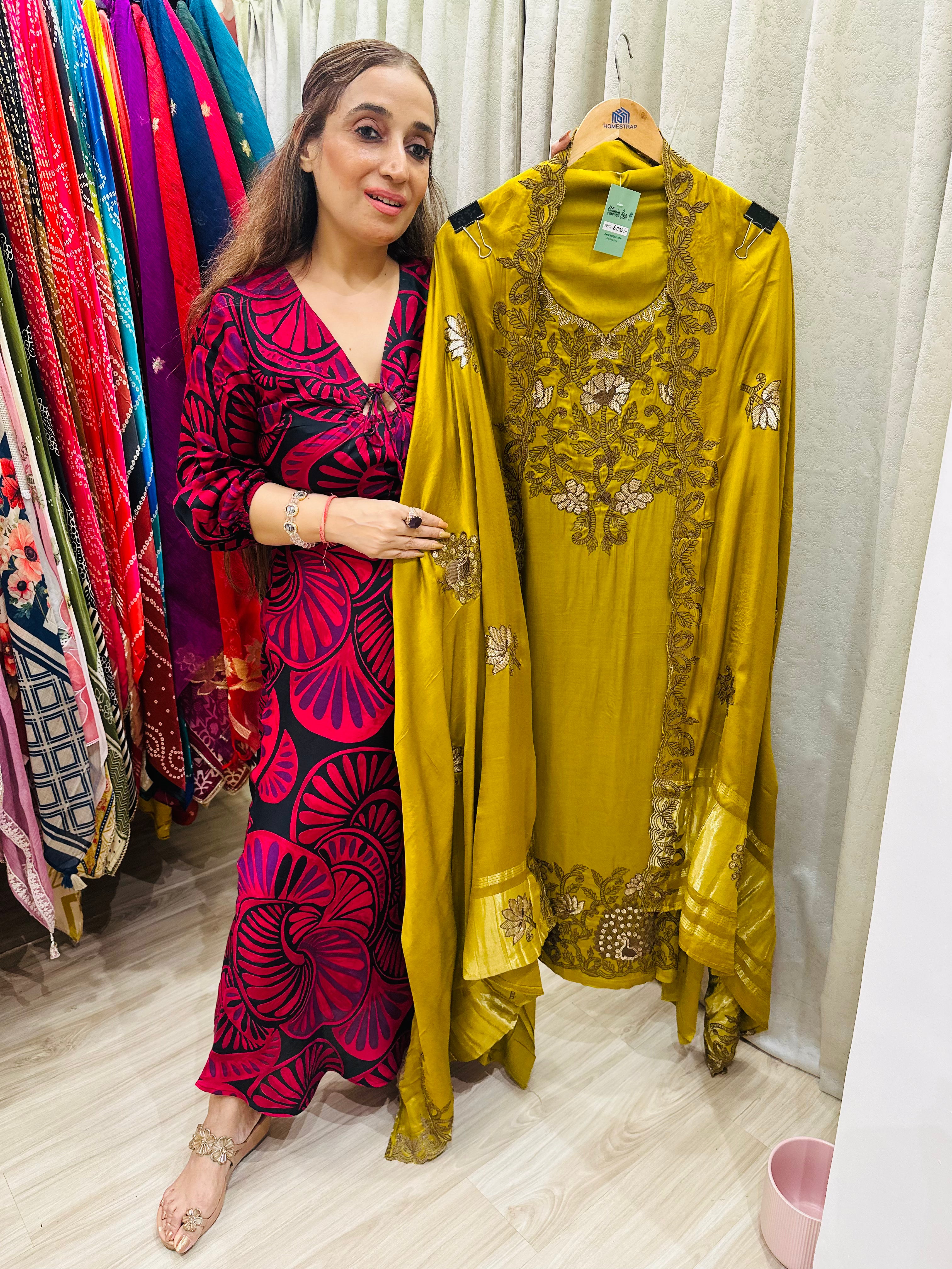 UNSTITCHED PURE SATIN SILK SUITS WITH TILLA AND RESHAM WORK