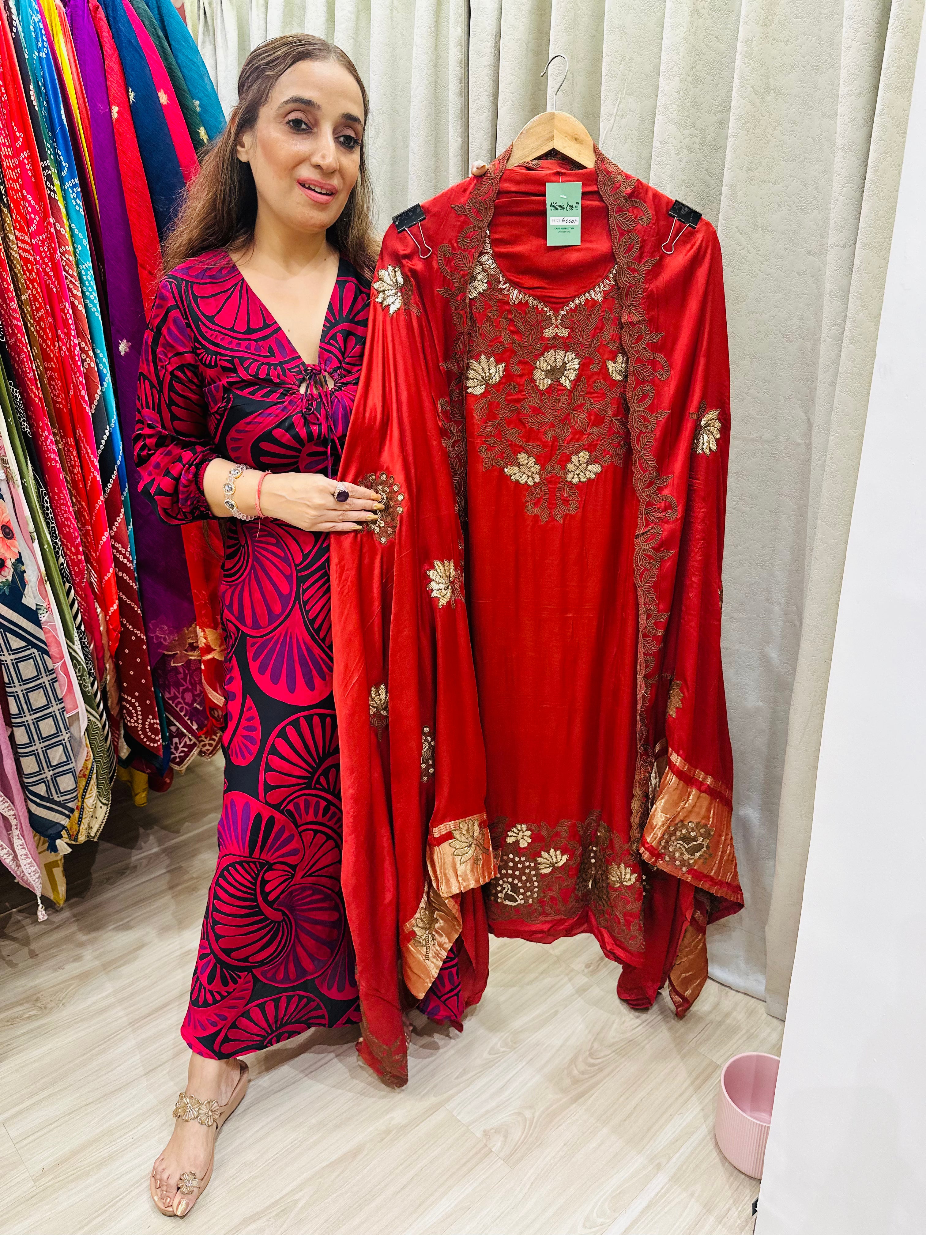 UNSTITCHED PURE SATIN SILK SUITS WITH TILLA AND RESHAM WORK