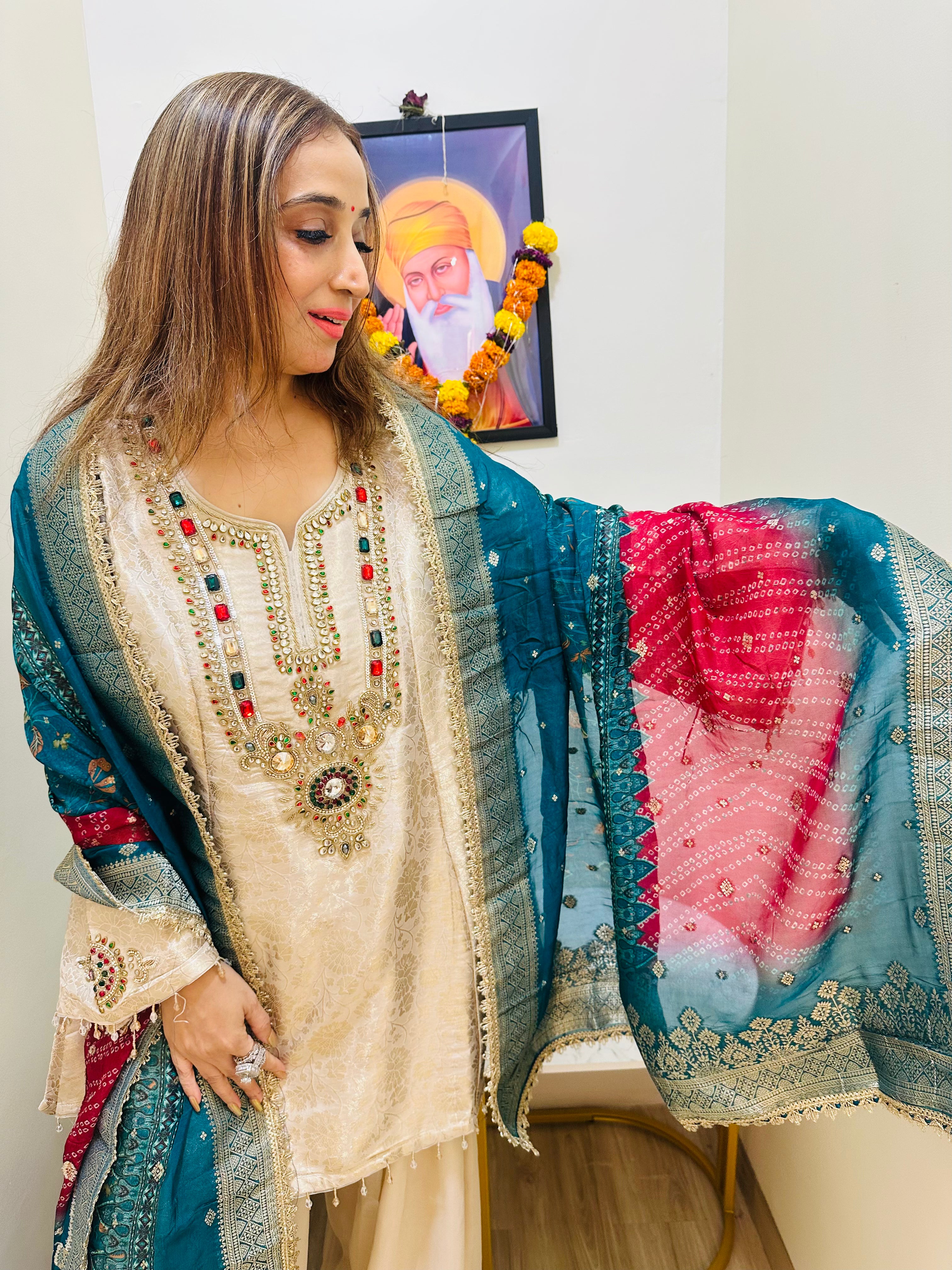 STITCHED PURE BANARSI BROCADE KUNDAN WORK SUITS WITH FARSHI SALWAR WITH DIGITAL DUPATTAS
