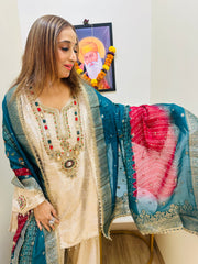 STITCHED PURE BANARSI BROCADE KUNDAN WORK SUITS WITH FARSHI SALWAR WITH DIGITAL DUPATTAS