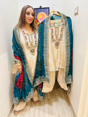 STITCHED PURE BANARSI BROCADE KUNDAN WORK SUITS WITH FARSHI SALWAR WITH DIGITAL DUPATTAS