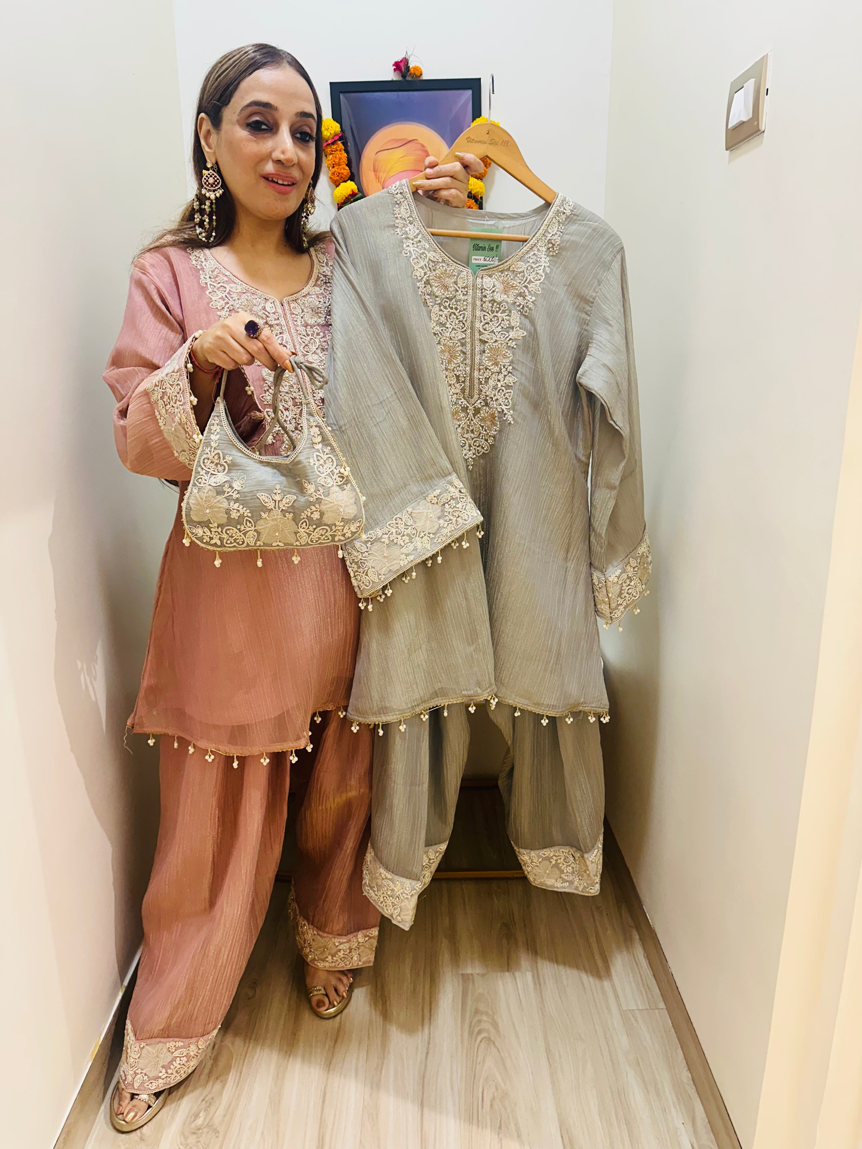 STITCHED PURE CRUSH TISSUE NALKI WORK CUTDANA WORK CHOGA SETS WITH POTLIS