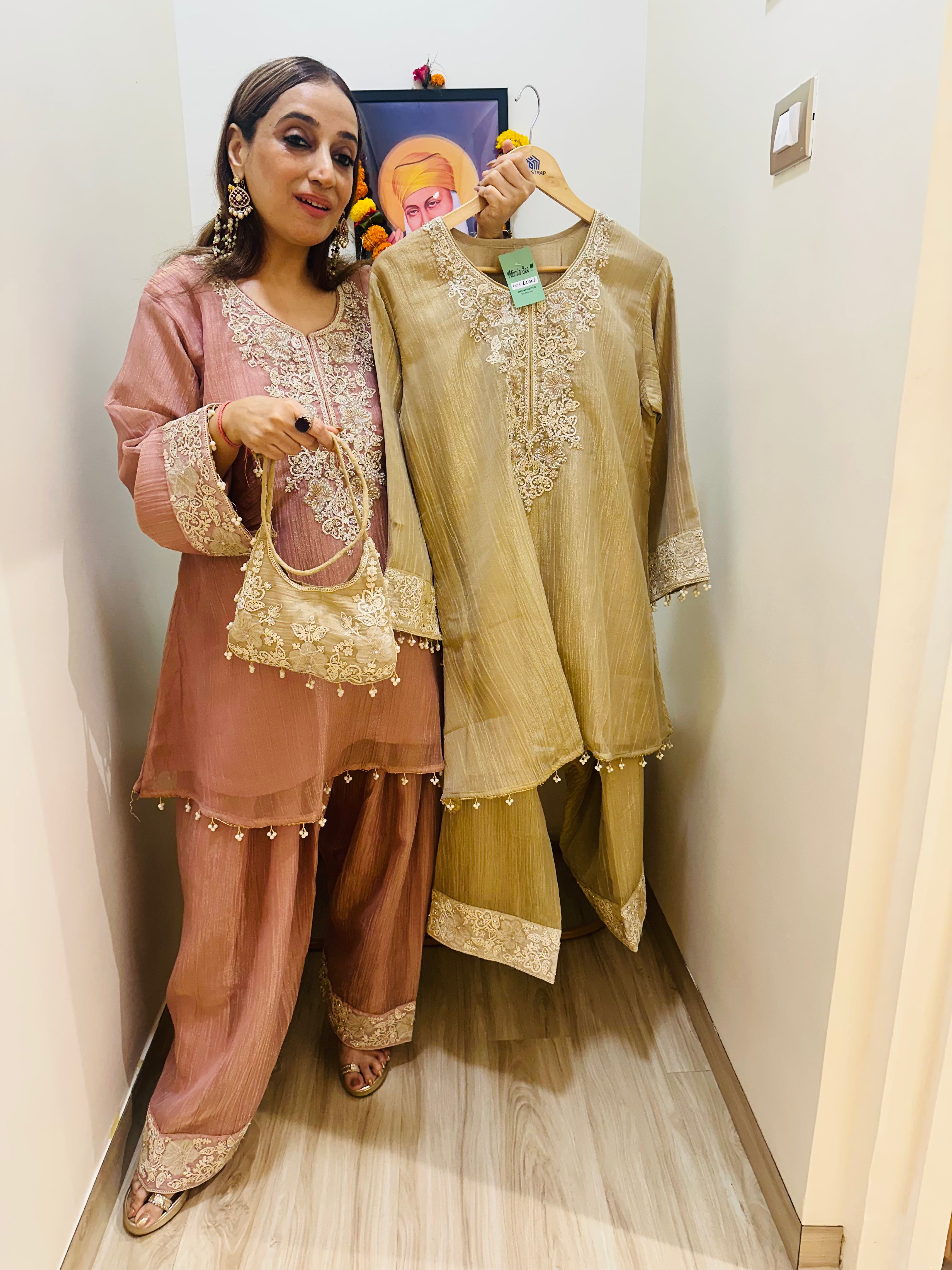 STITCHED PURE CRUSH TISSUE NALKI WORK CUTDANA WORK CHOGA SETS WITH POTLIS