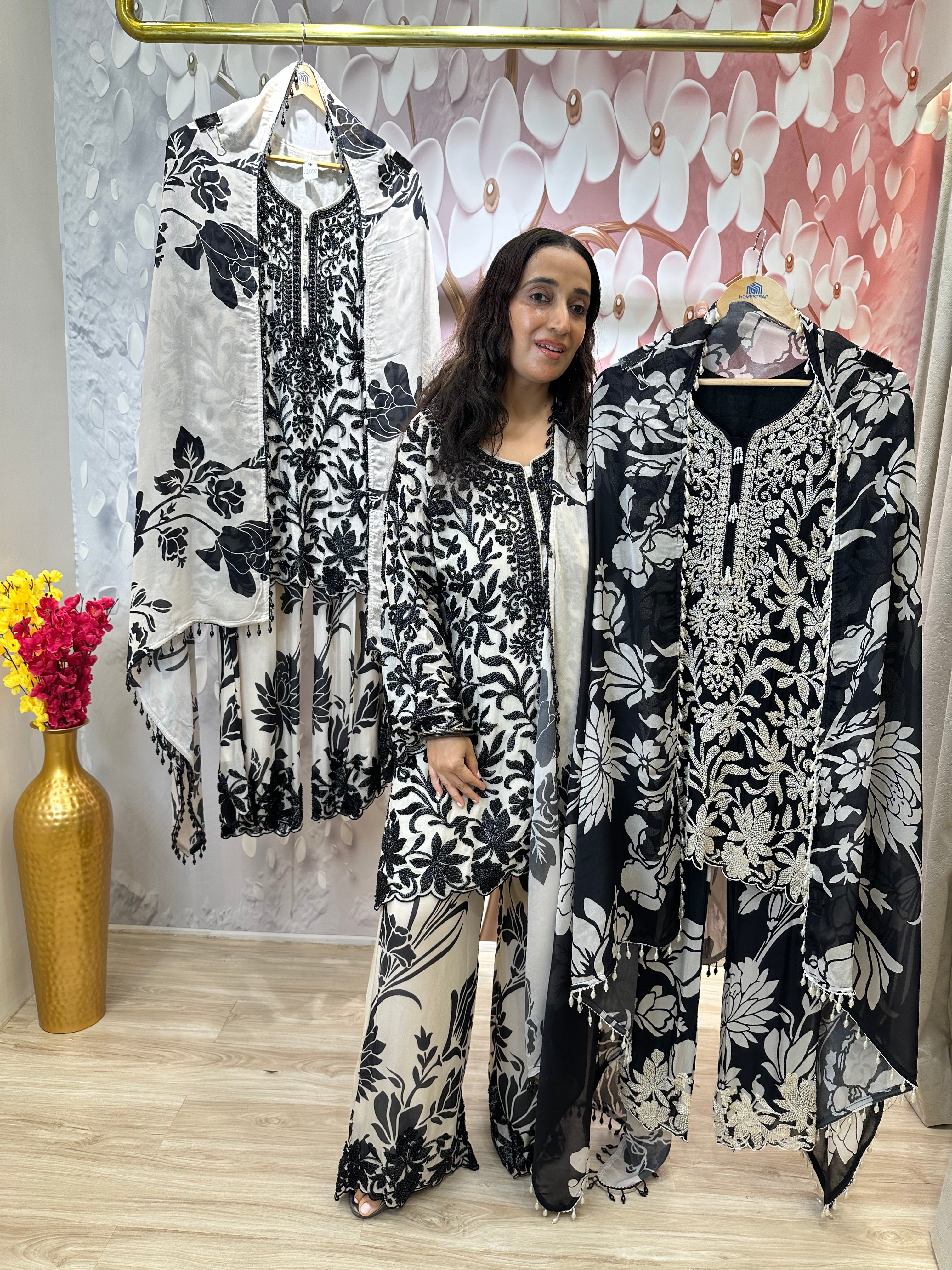 STITCHED PURE CHINON BEAD WORK SETS WITH PURE CHINON EMBRIDERED PANTS AND DUPATTAS.