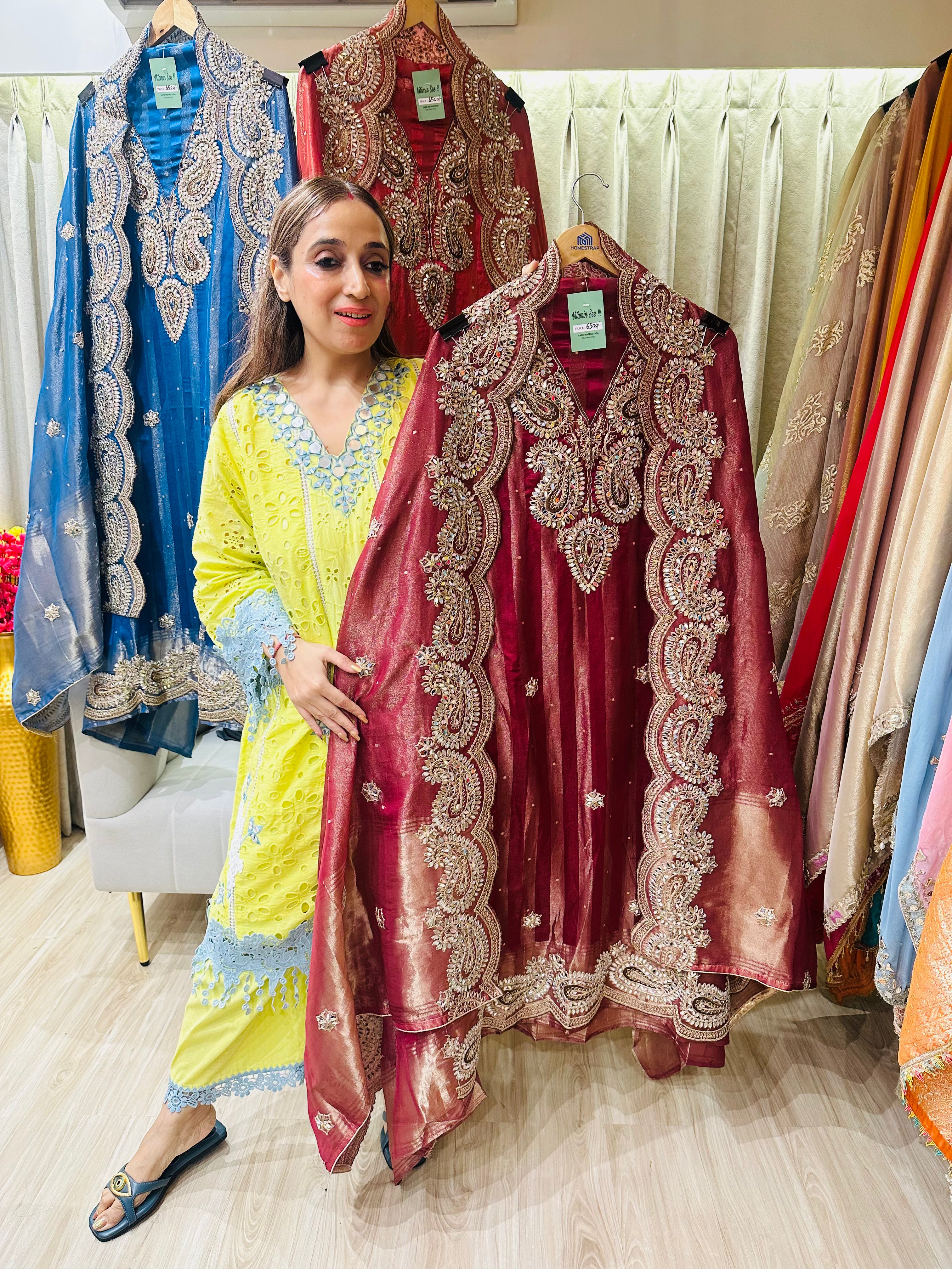 UNSTITCHED PURE TISSUE SILK LUREX SUITS WITH MIRROR WORK AND ANTIQUE WORK.
