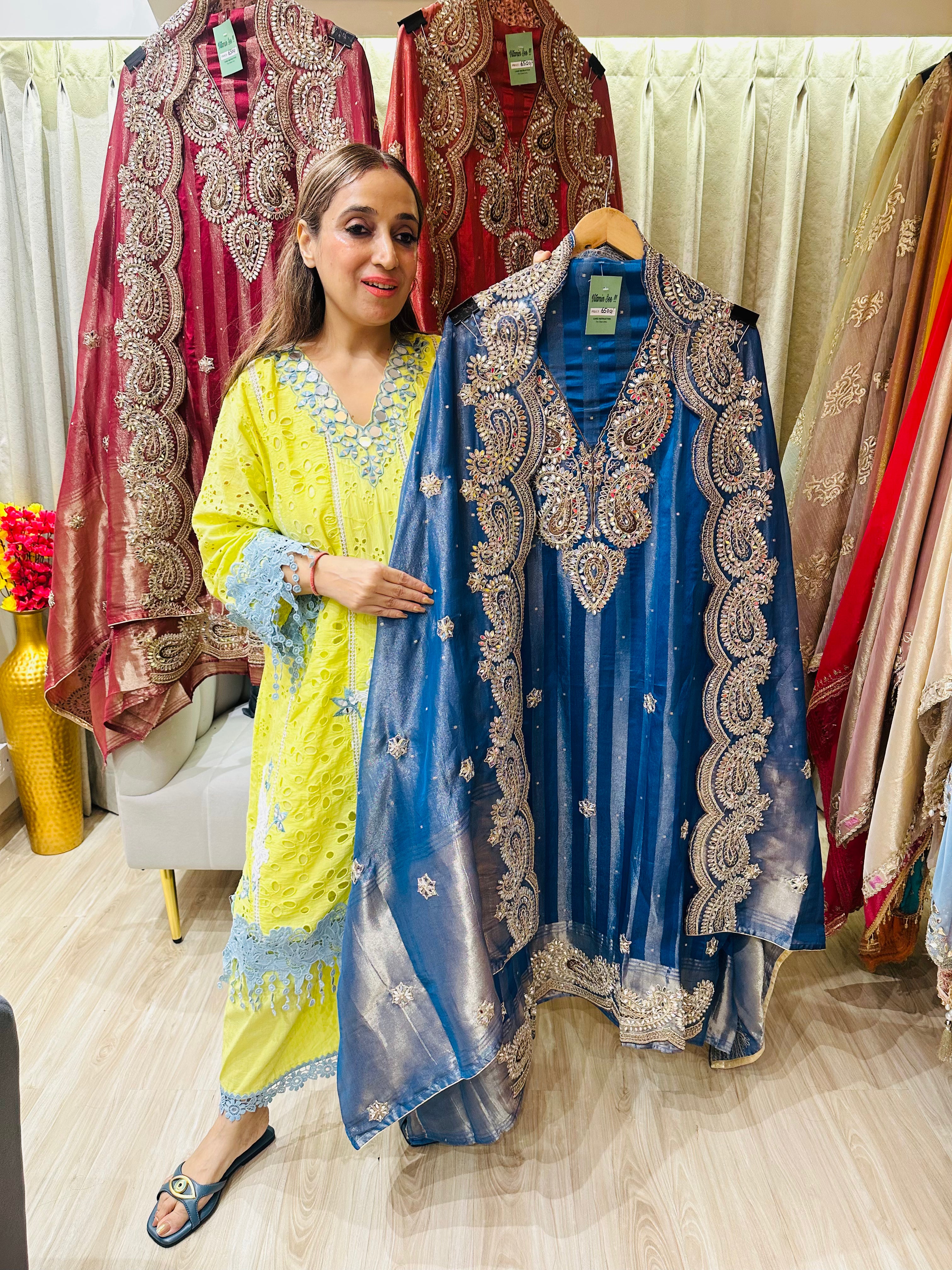 UNSTITCHED PURE TISSUE SILK LUREX SUITS WITH MIRROR WORK AND ANTIQUE WORK.