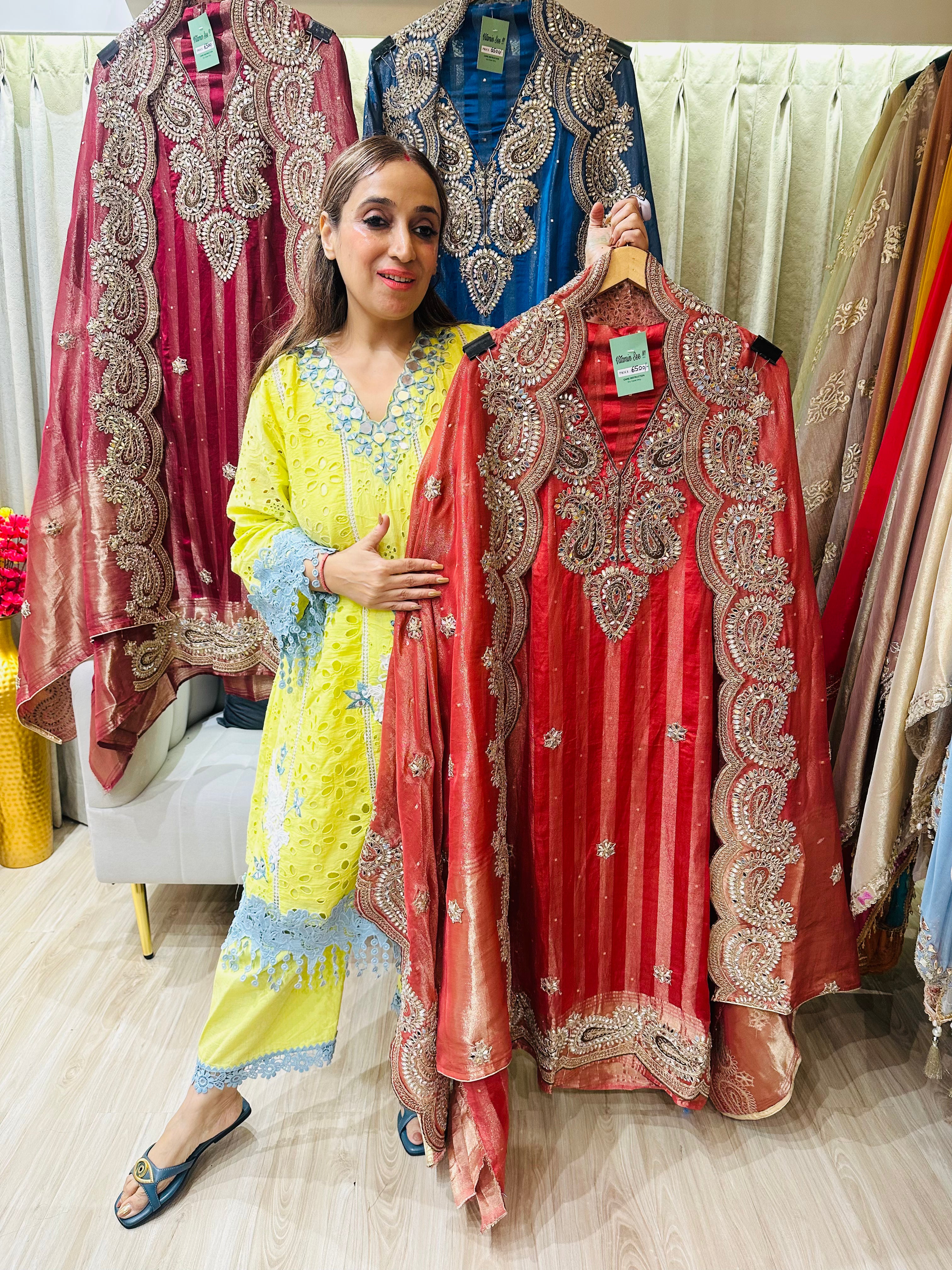 UNSTITCHED PURE TISSUE SILK LUREX SUITS WITH MIRROR WORK AND ANTIQUE WORK.