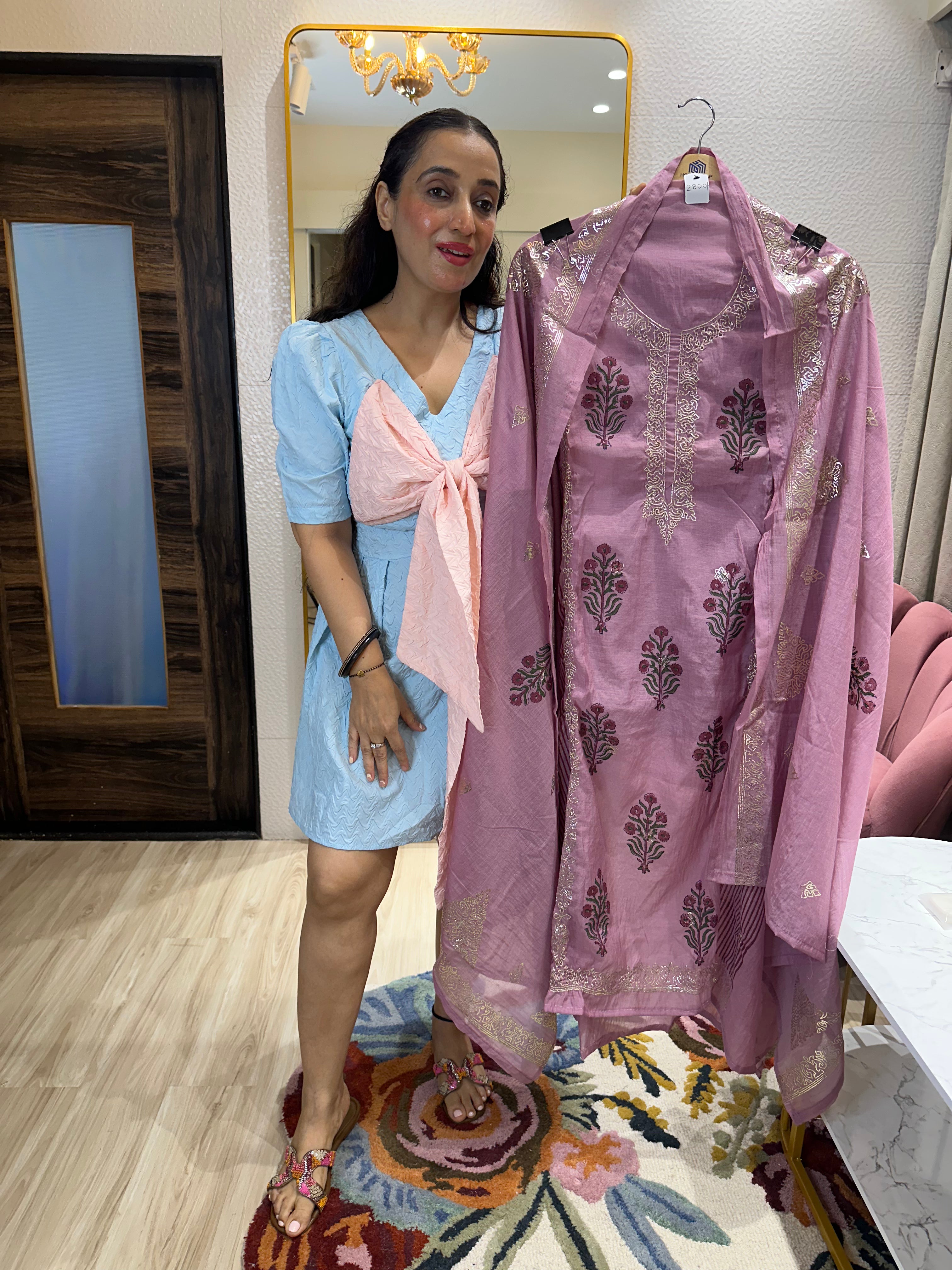 UNSTITCHED PURE MULMUL CHANDERI PITA WORK SUITS.