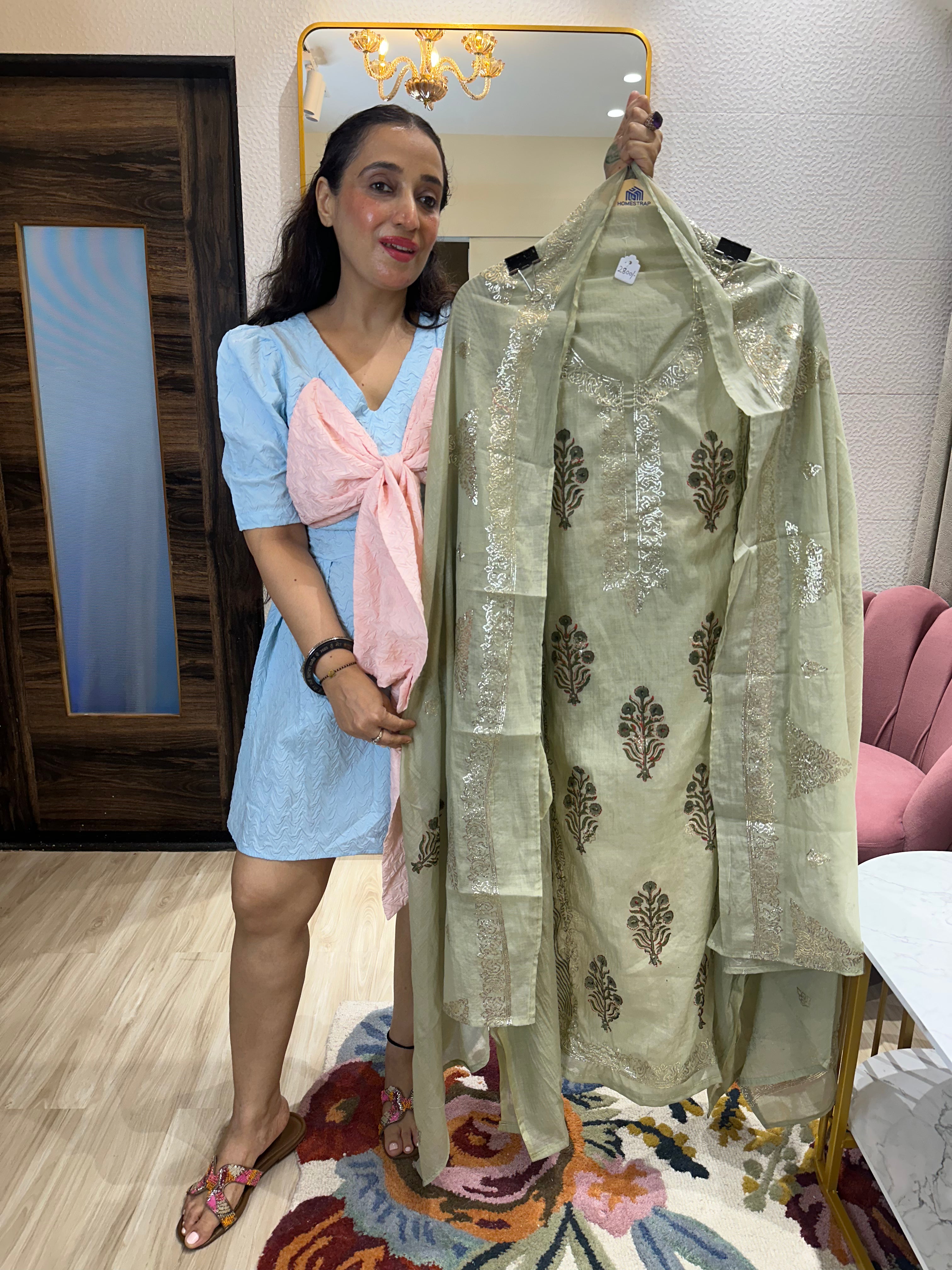 UNSTITCHED PURE MULMUL CHANDERI PITA WORK SUITS.