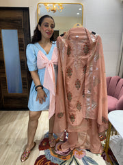 UNSTITCHED PURE MULMUL CHANDERI PITA WORK SUITS.