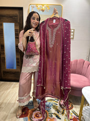 UNSTITCHED PURE SHIMMER SILK NALKI HANDWORK POTLI SUITS.