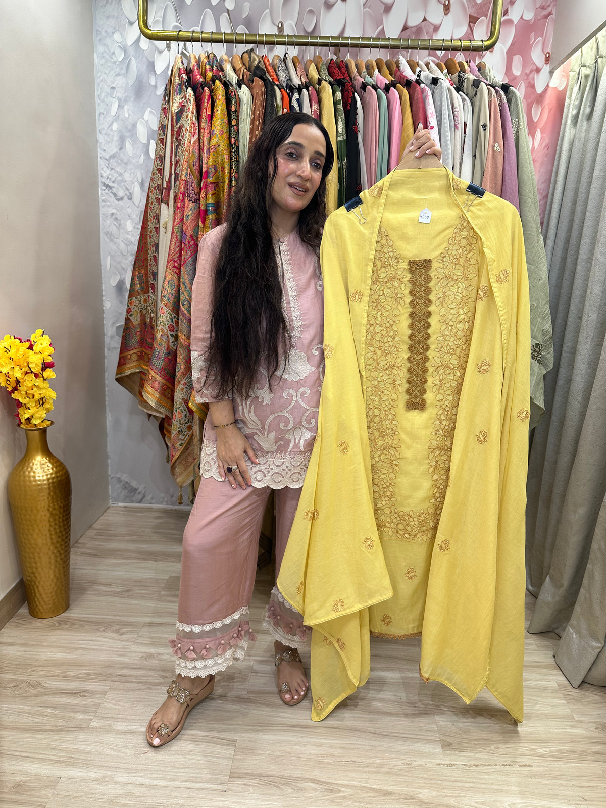 UNSTITCHED PURE MULMUL RESHAM WORK SUITS.