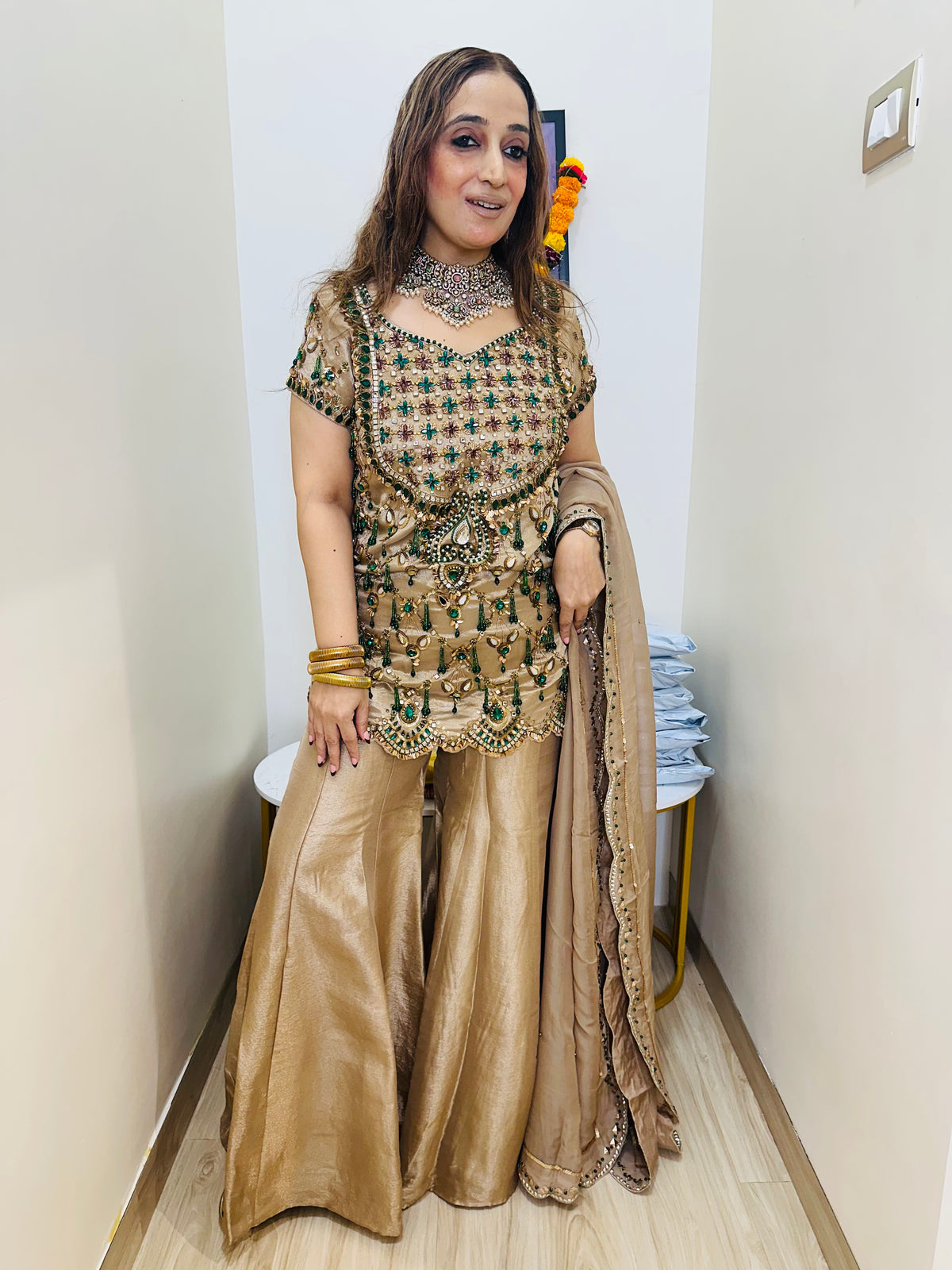 STITCHED PURE TISSUE SILK HANDWORK JEWELLERY SUIT.