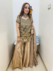 STITCHED PURE TISSUE SILK HANDWORK JEWELLERY SUIT.