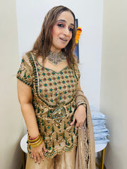 STITCHED PURE TISSUE SILK HANDWORK JEWELLERY SUIT.