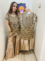 STITCHED PURE TISSUE SILK HANDWORK JEWELLERY SUIT.
