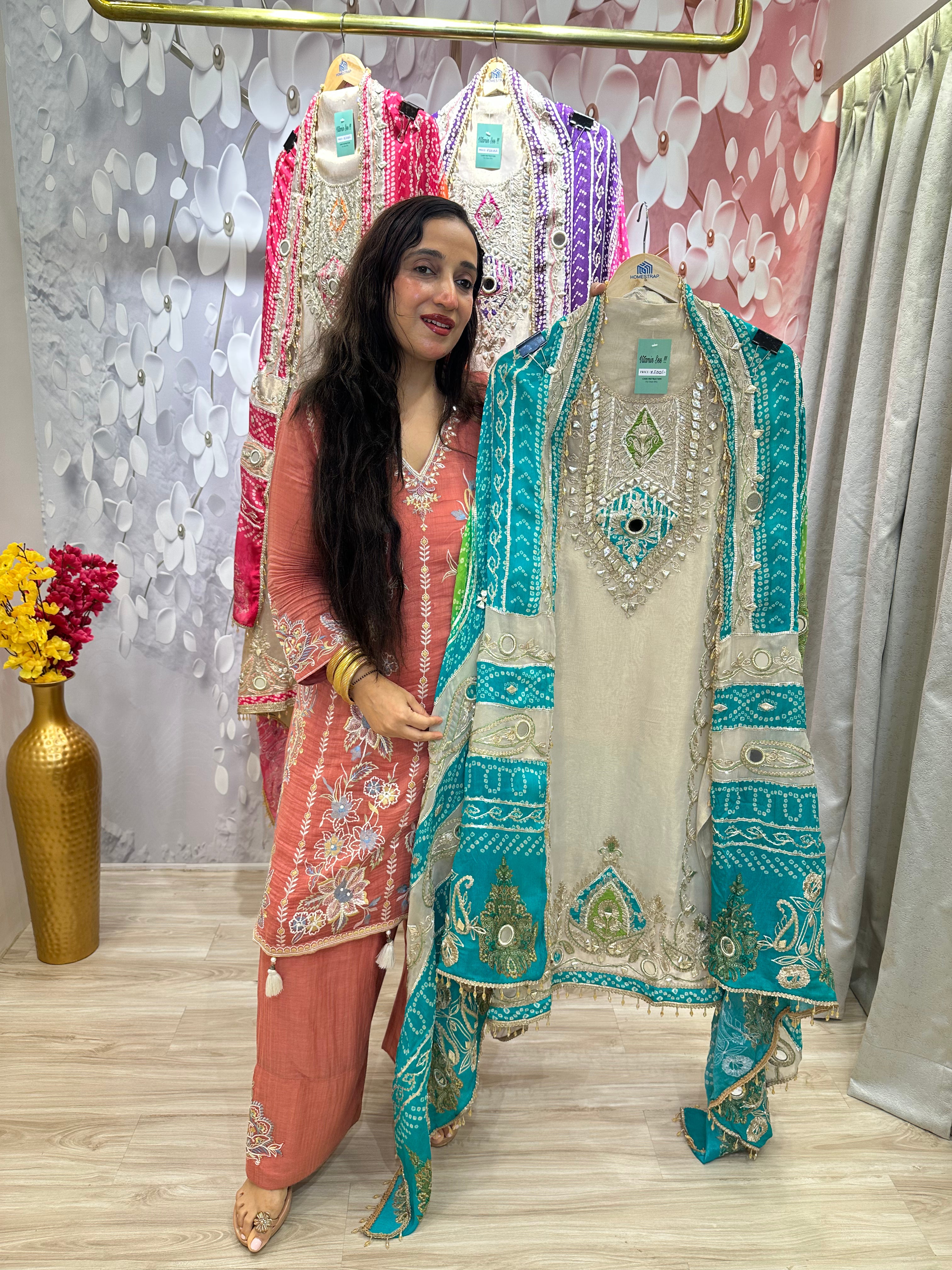 UNSTITCHED PURE TISSUE ORGANZA HANDWORK SUITS.