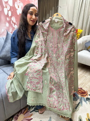 UNSTITCHED PURE MULMUL CHANDERI RESHAM WORK SUITS.