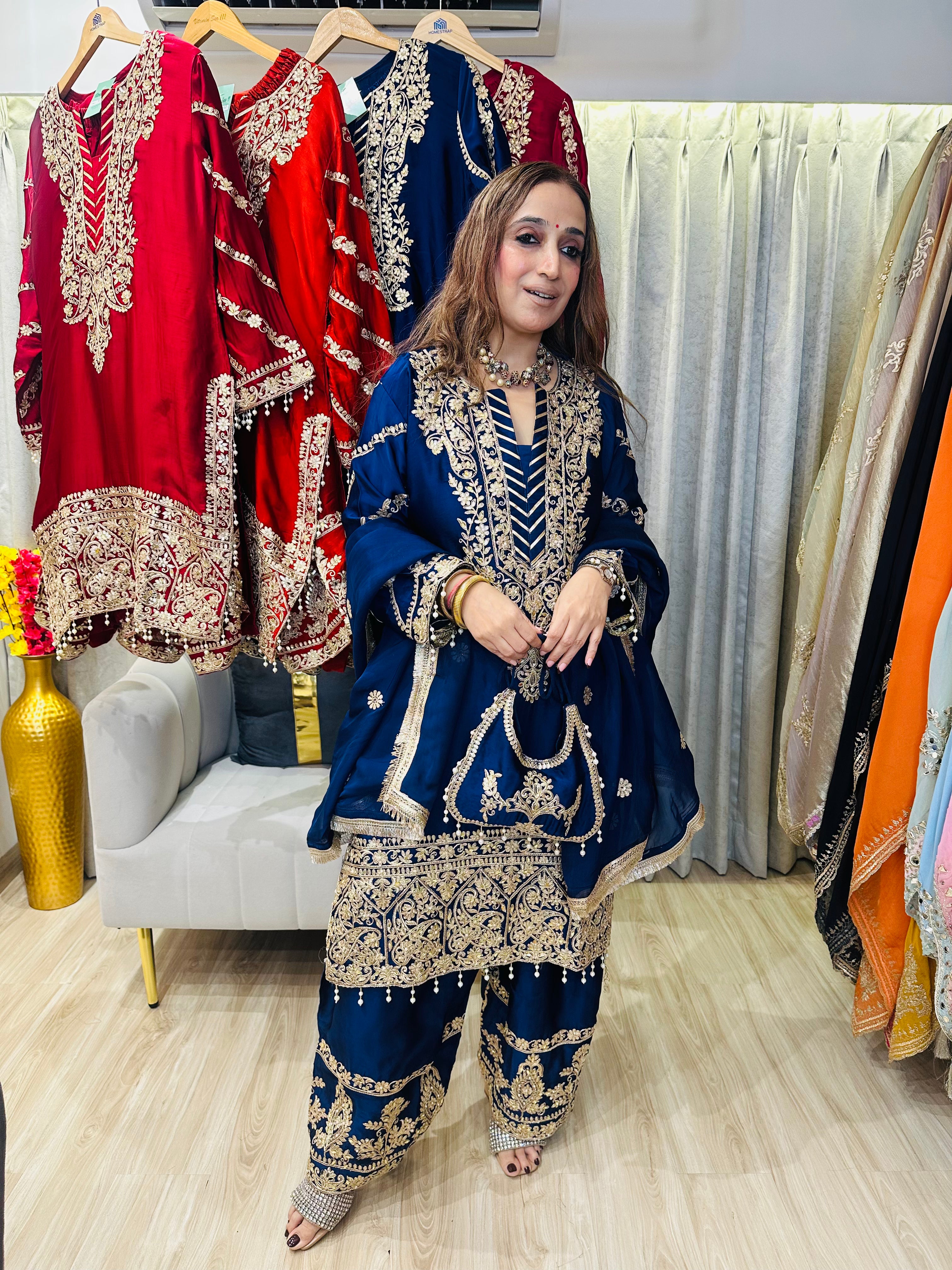 STITCHED PURE RUSSIAN SATIN ANTIQUE WORK SUITS.