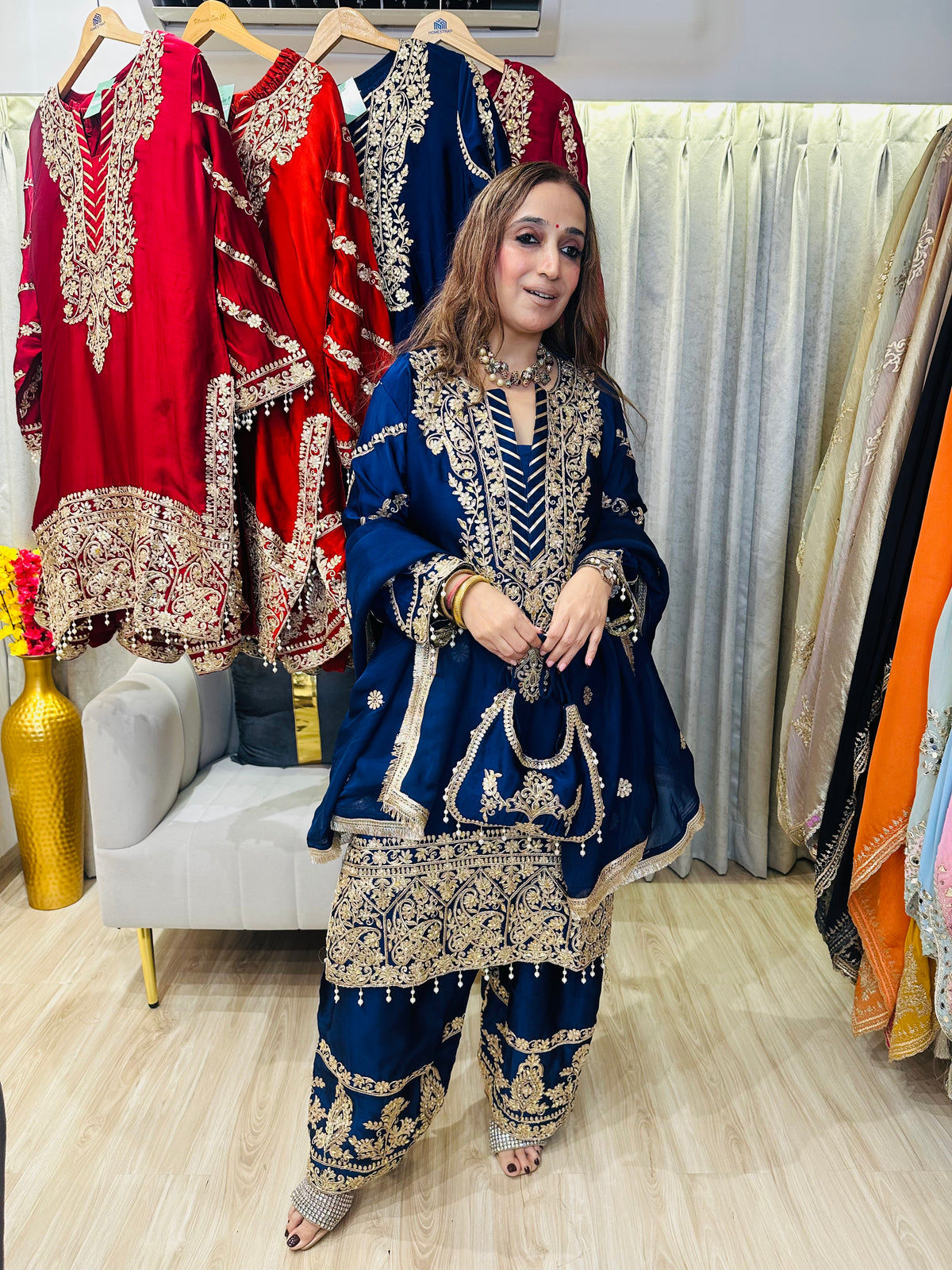 STITCHED PURE RUSSIAN SATIN ANTIQUE WORK SUITS.