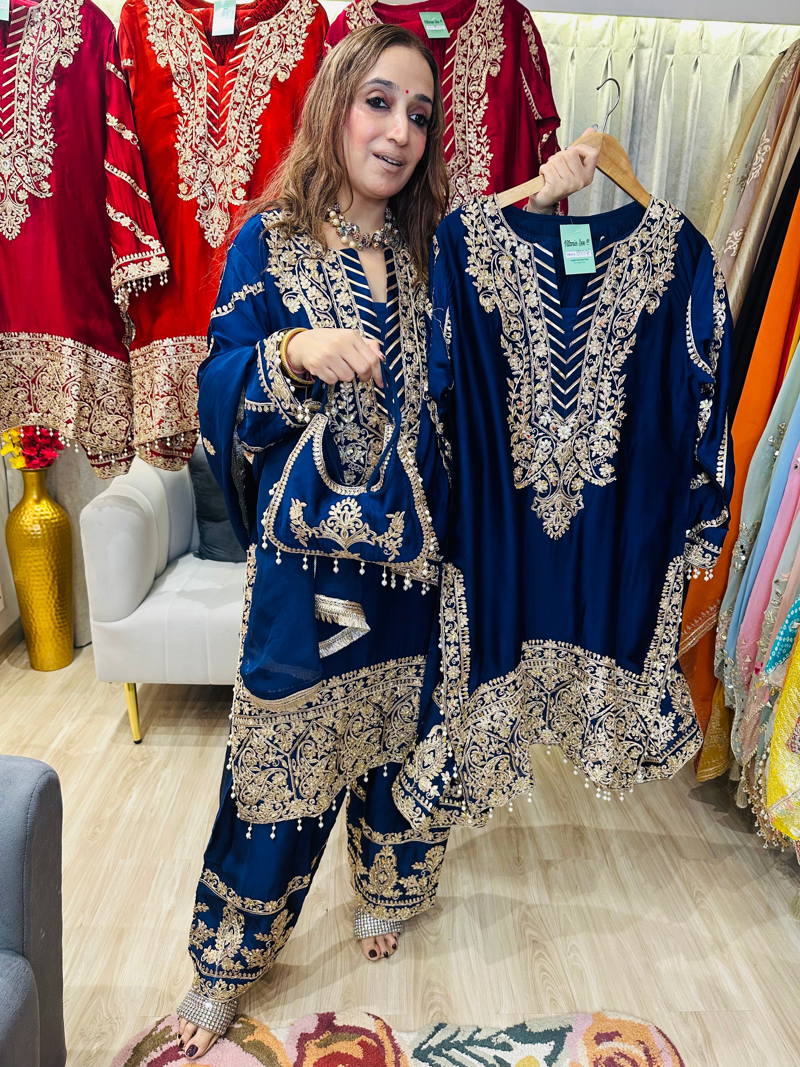 STITCHED PURE RUSSIAN SATIN ANTIQUE WORK SUITS.