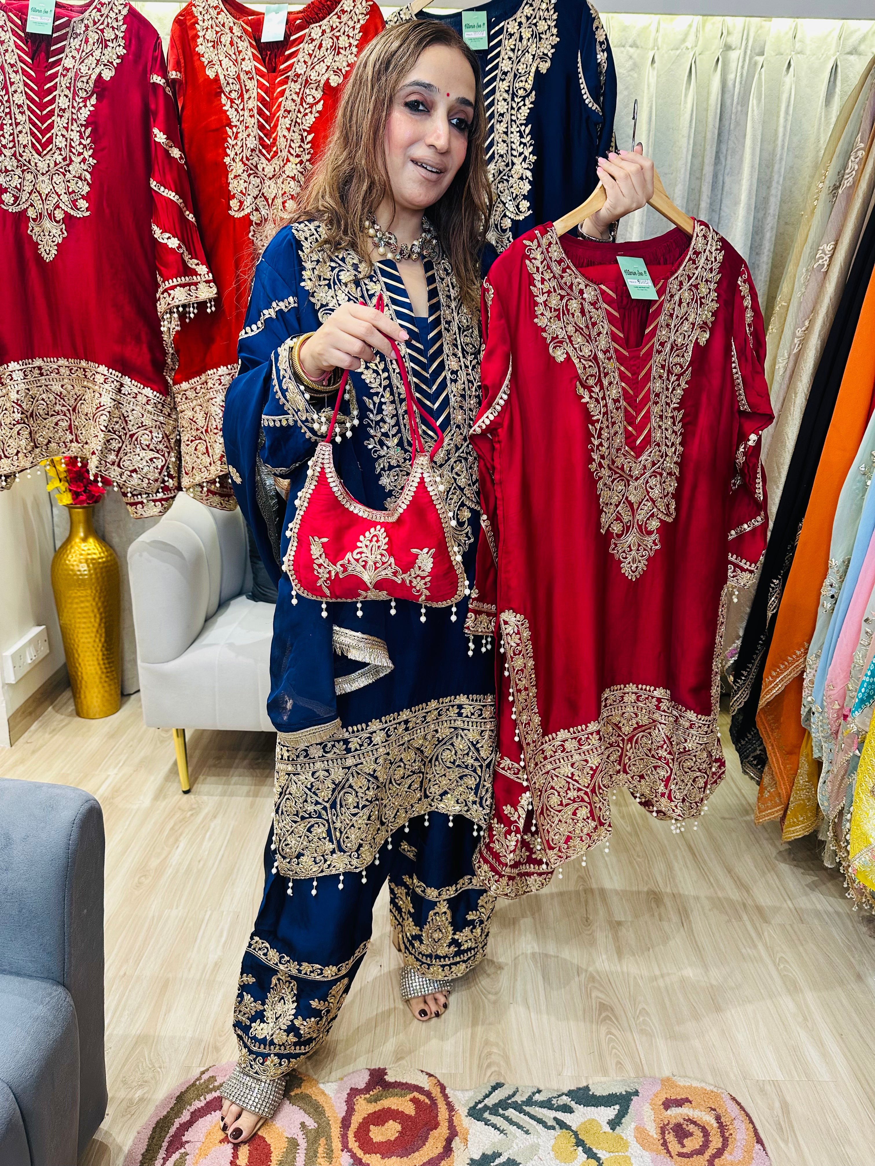 STITCHED PURE RUSSIAN SATIN ANTIQUE WORK SUITS.