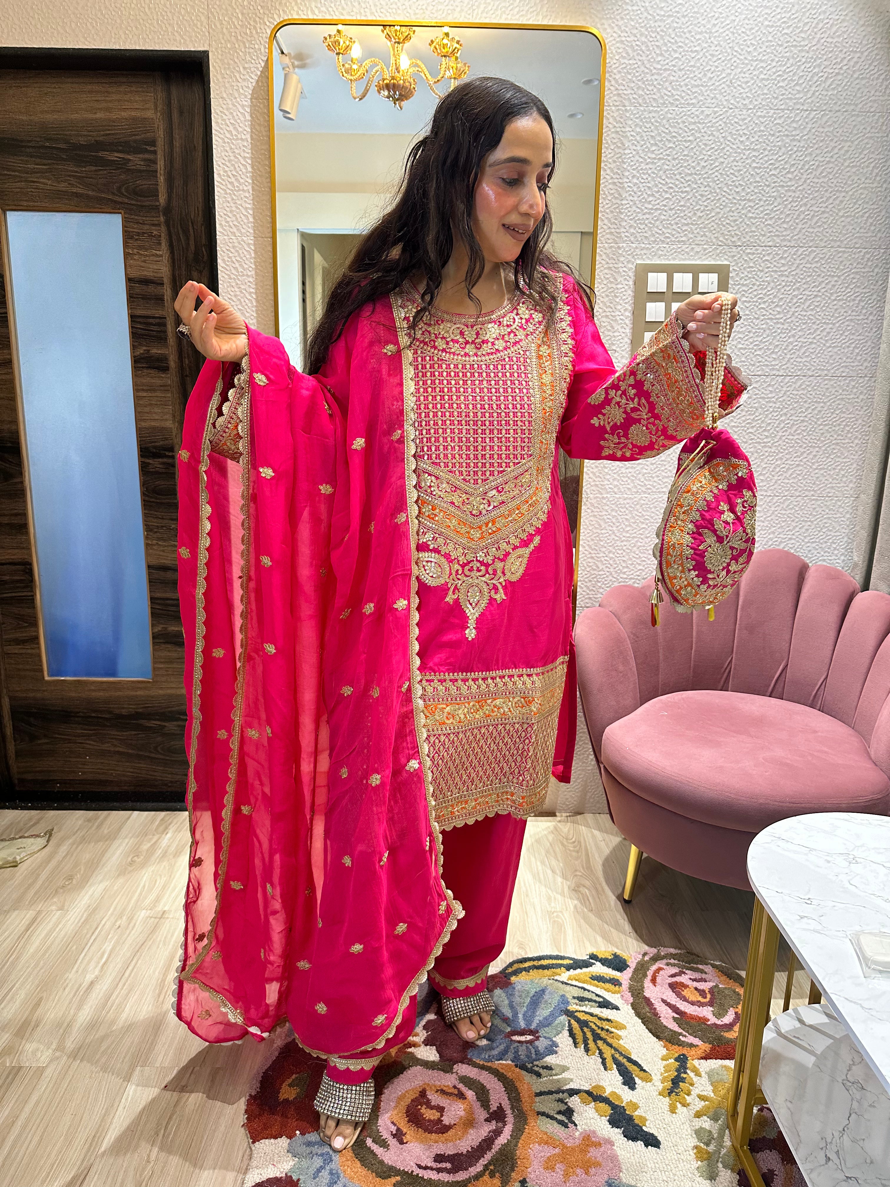 STITCHED PURE OPADA SILK DABKA ANTIQUE WORK SUITS WITH POTLIS.