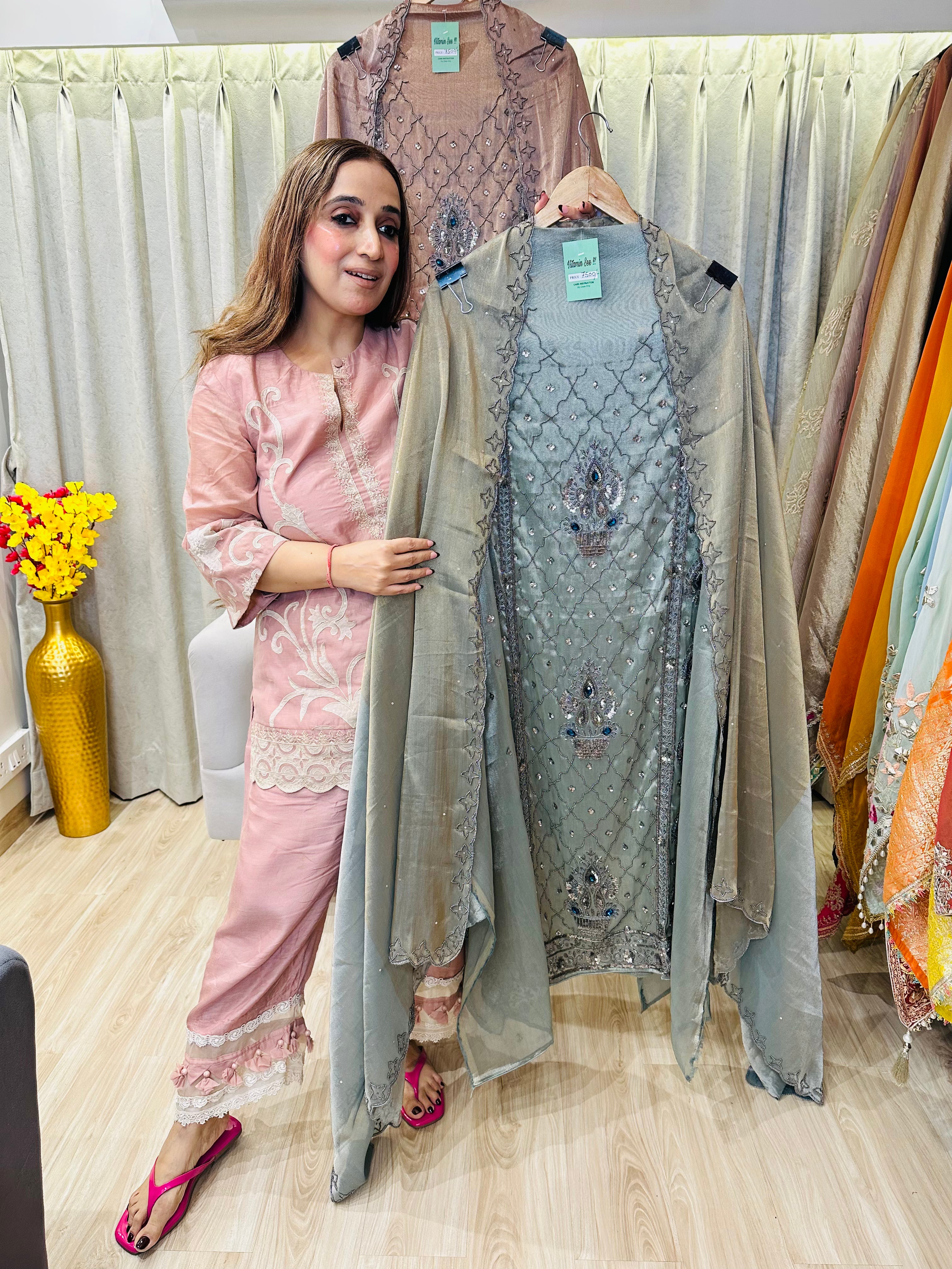 UNSTITCHED PURE GIRAFFE TISSUE HANDWORK JEWELLERY SUITS