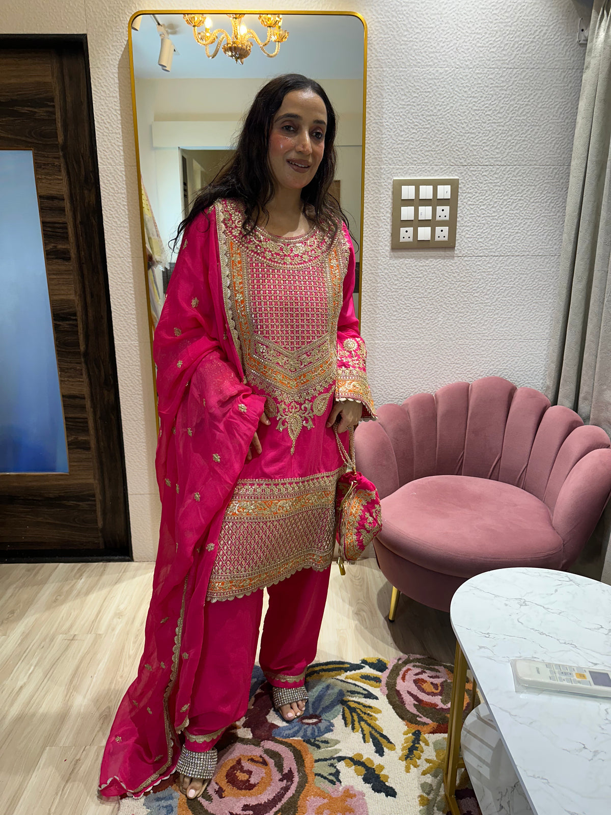 STITCHED PURE OPADA SILK DABKA ANTIQUE WORK SUITS WITH POTLIS.